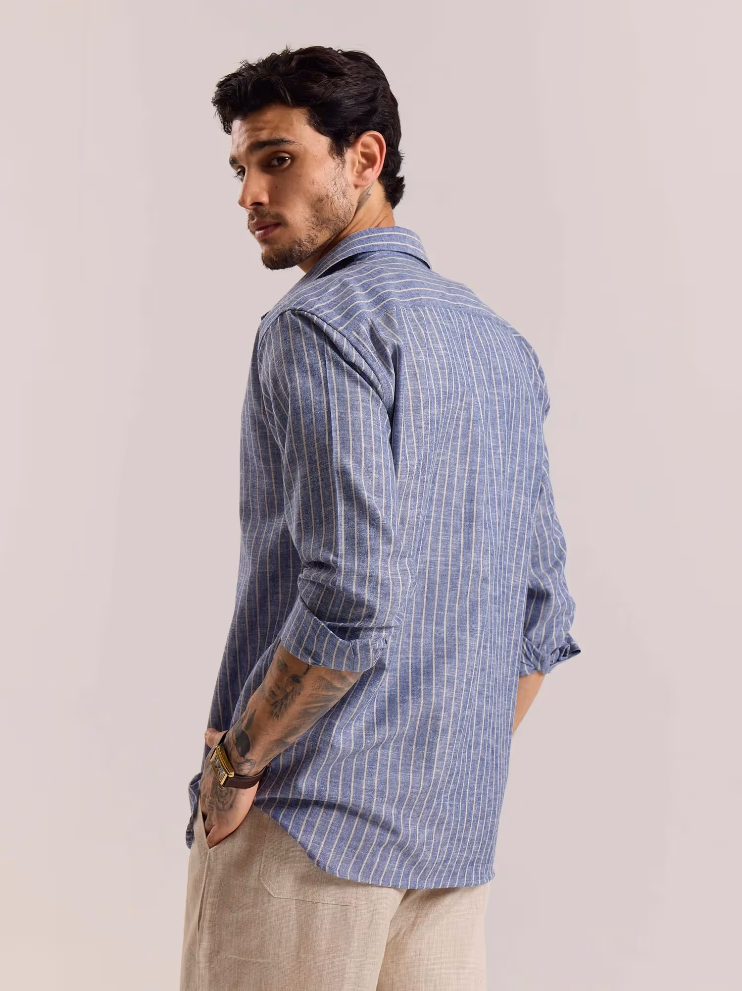Blue Striped Linen-blend Shirt image 8
