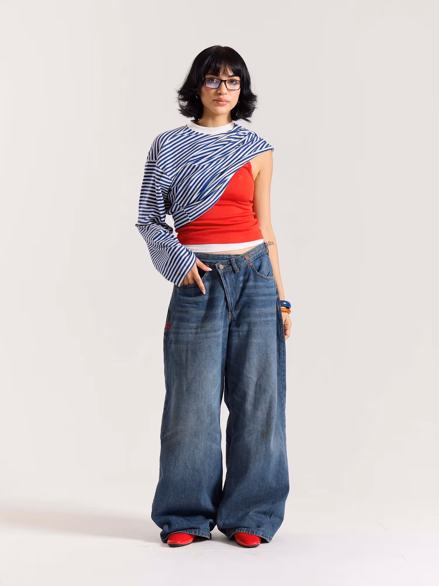 Blue Striped Loose Fit Cropped T-Shirt image 2