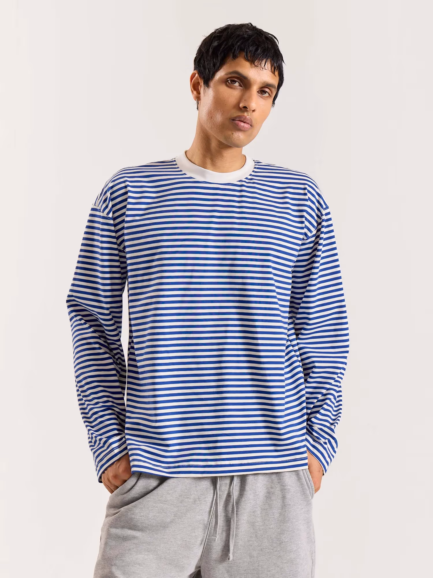 Blue Striped Loose Fit Cropped T-Shirt image 3