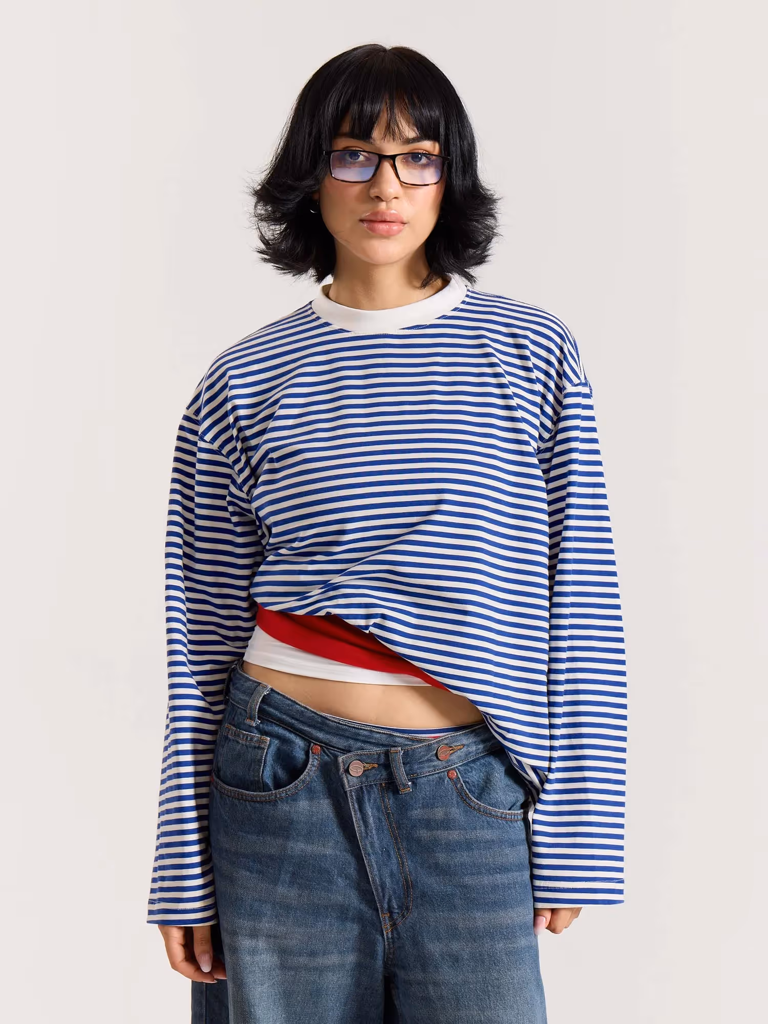 Blue Striped Loose Fit Cropped T-Shirt image 4