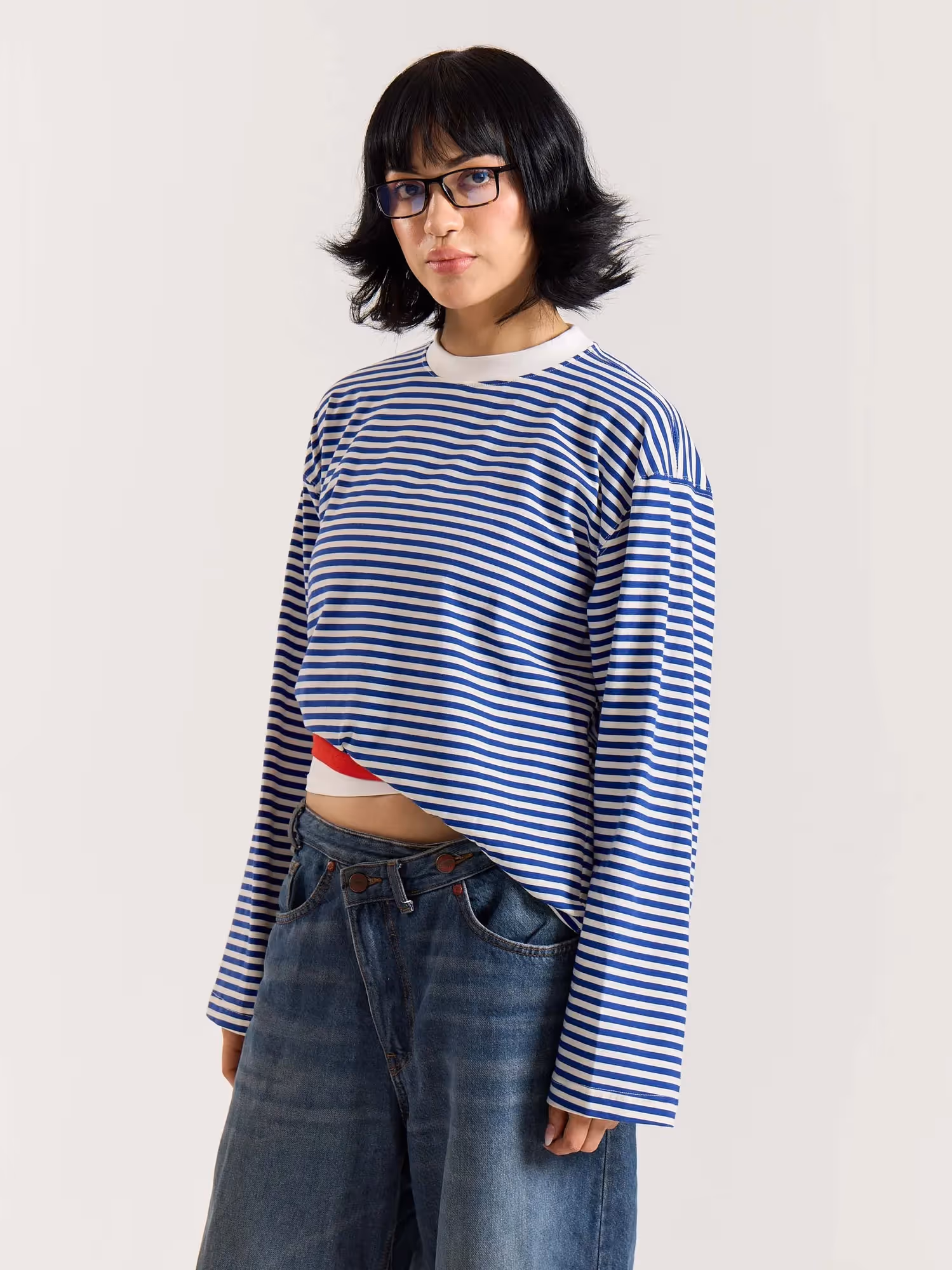 Blue Striped Loose Fit Cropped T-Shirt image 5