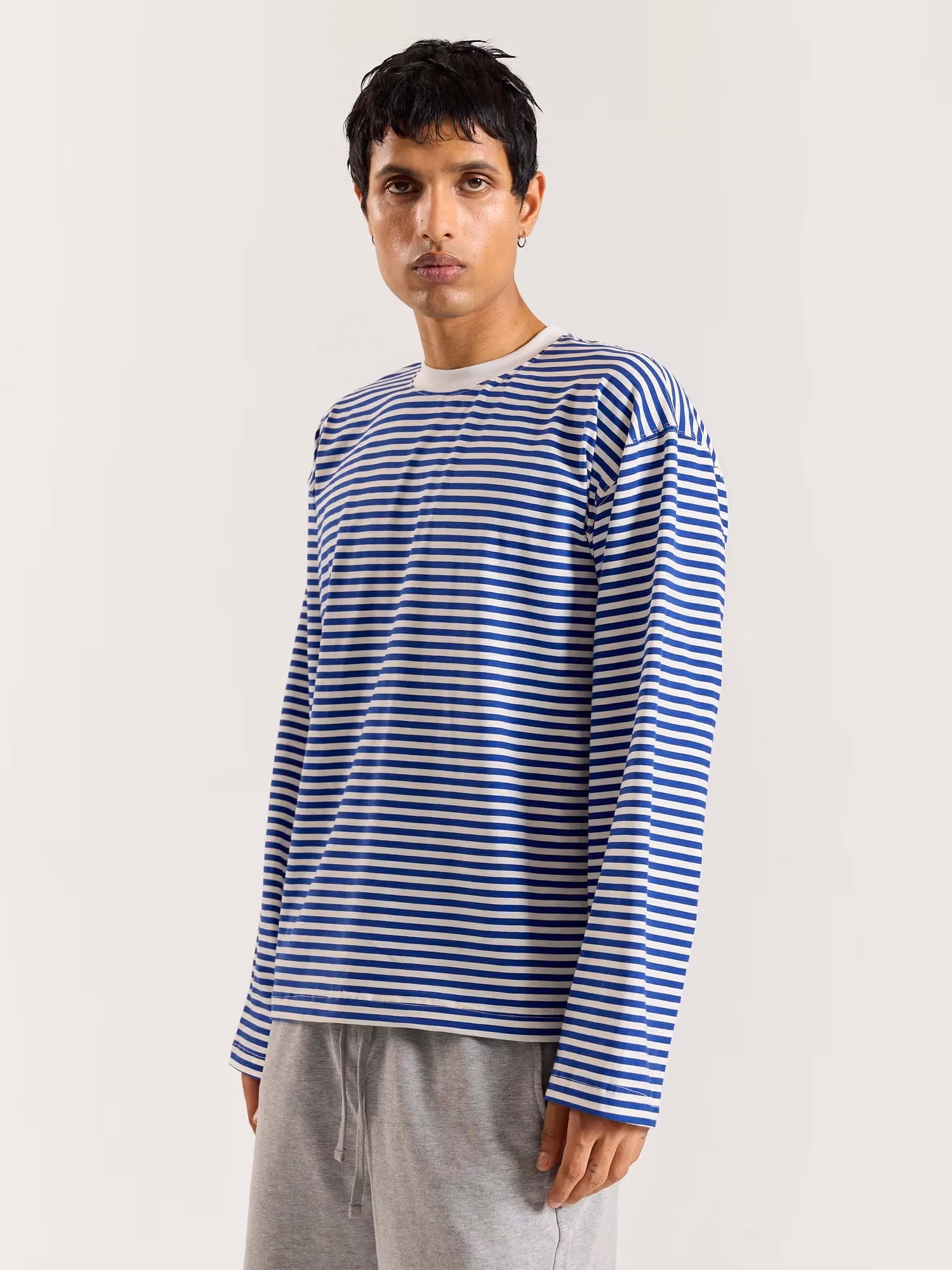 Blue Striped Loose Fit Cropped T-Shirt image 6