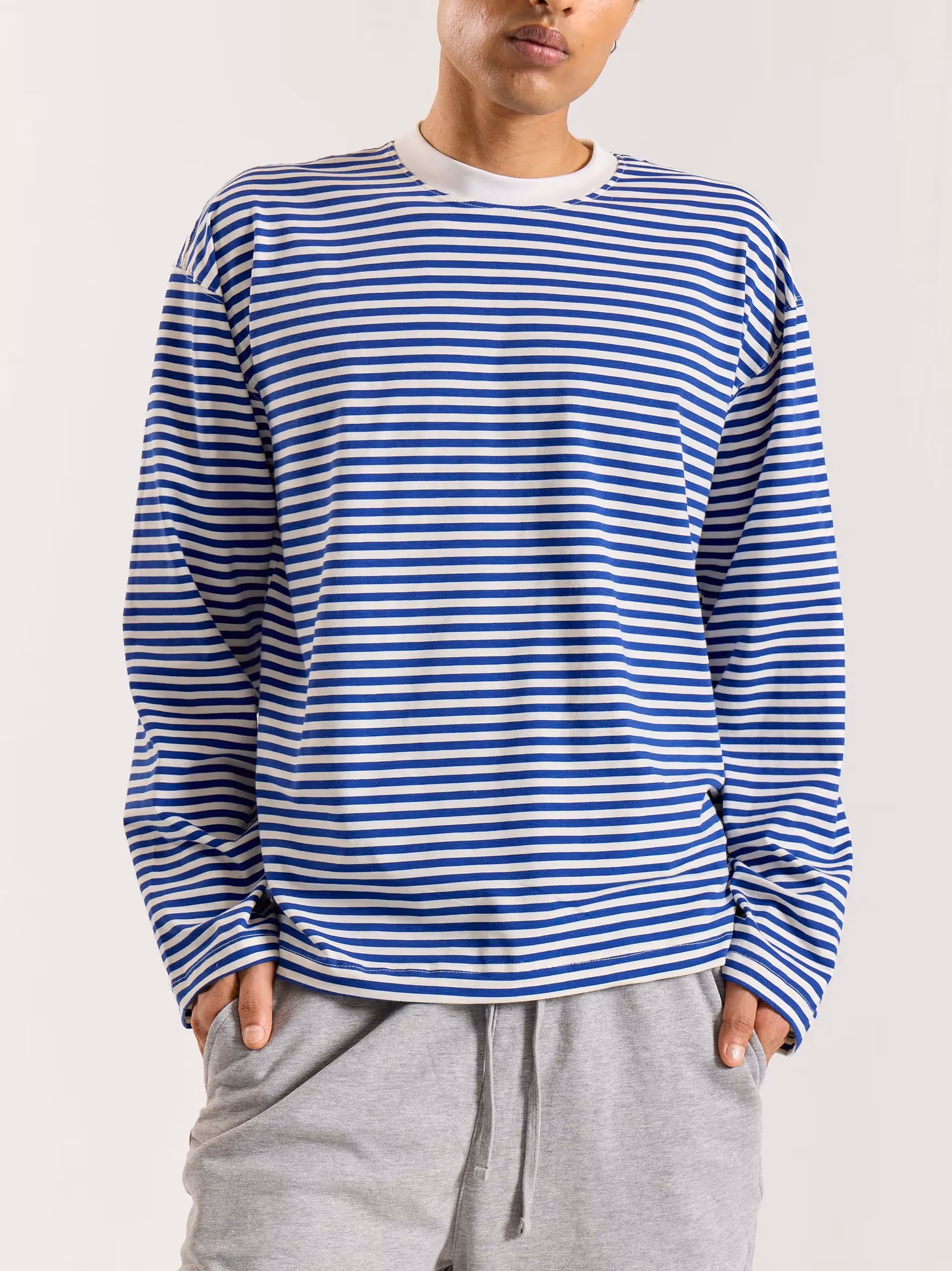 Blue Striped Loose Fit Cropped T-Shirt image 8