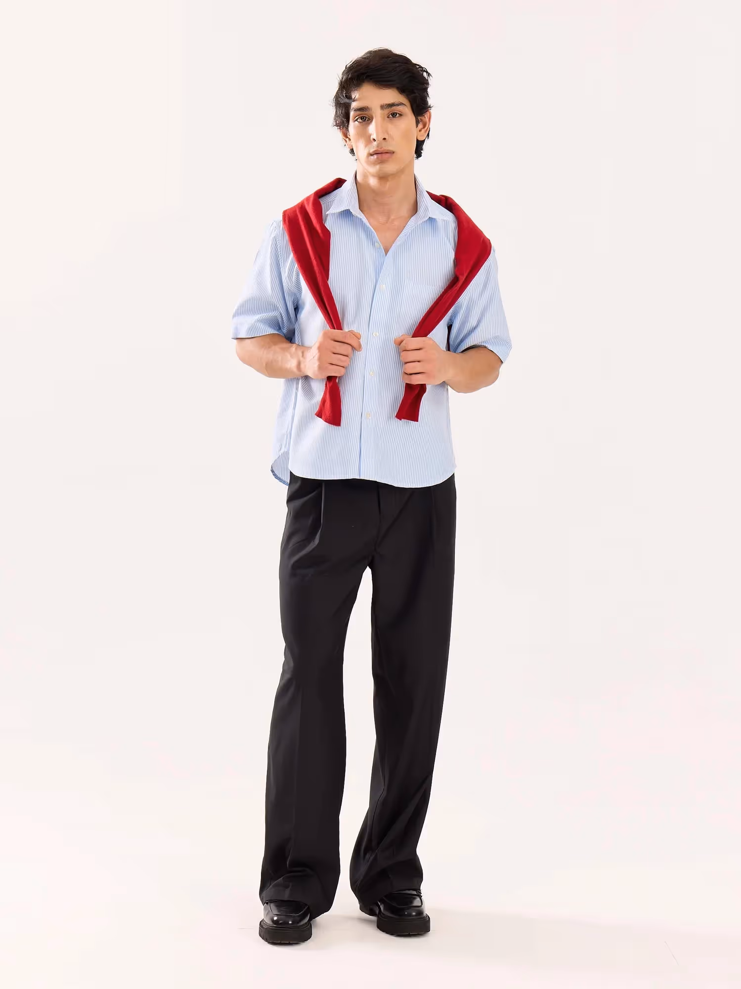 Blue Striped Oversized Cropped Shirt image 1