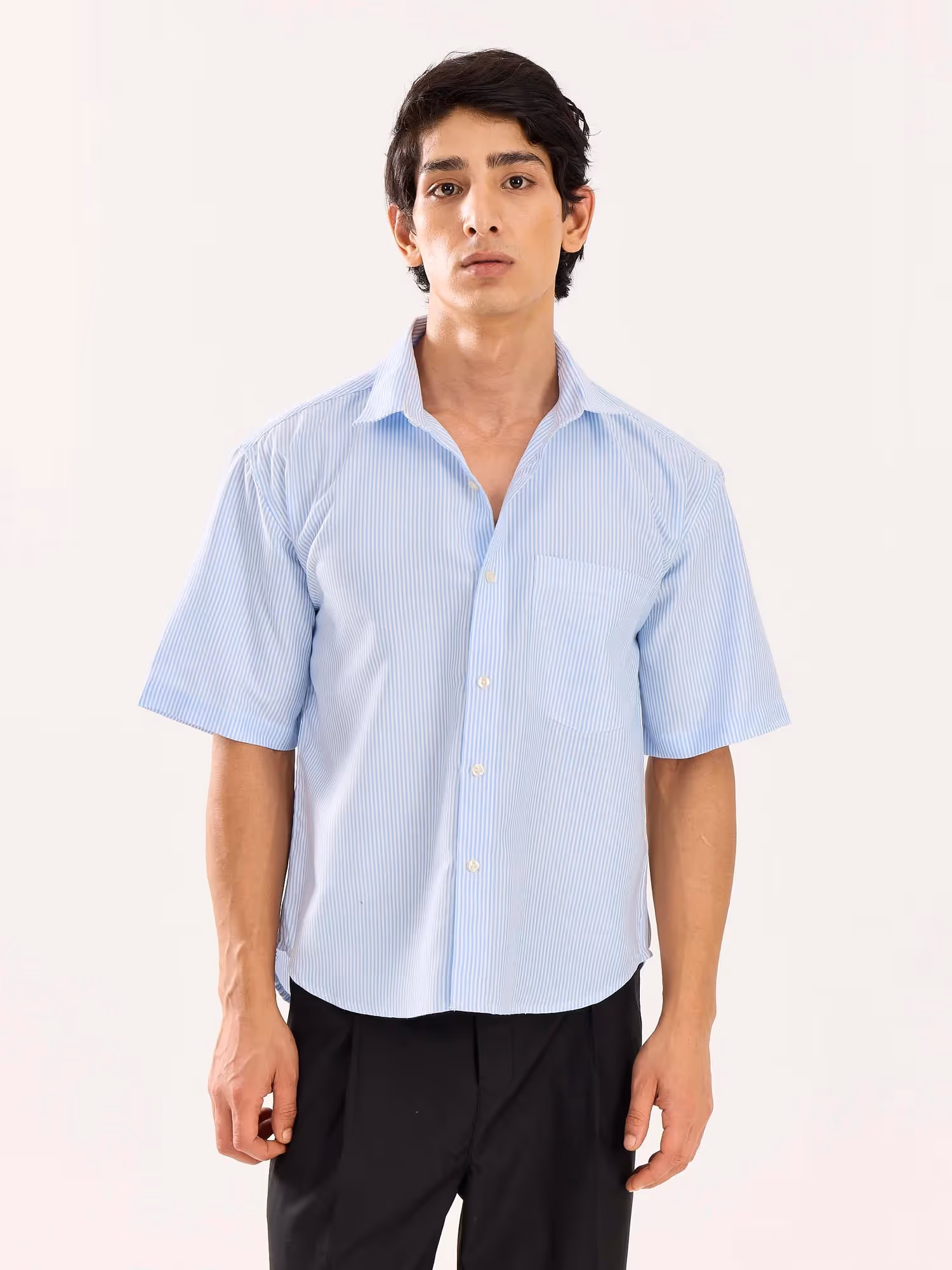 Blue Striped Oversized Cropped Shirt image 3