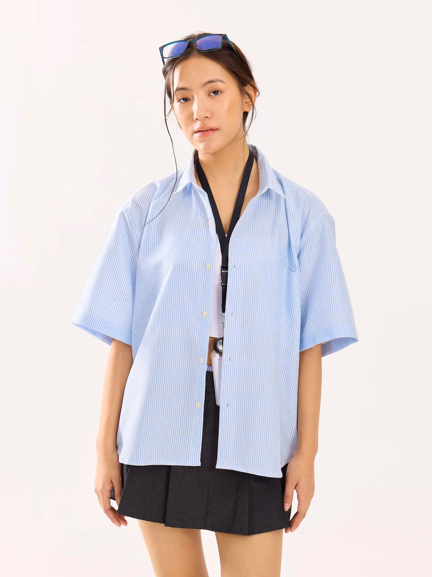 Blue Striped Oversized Cropped Shirt image 4