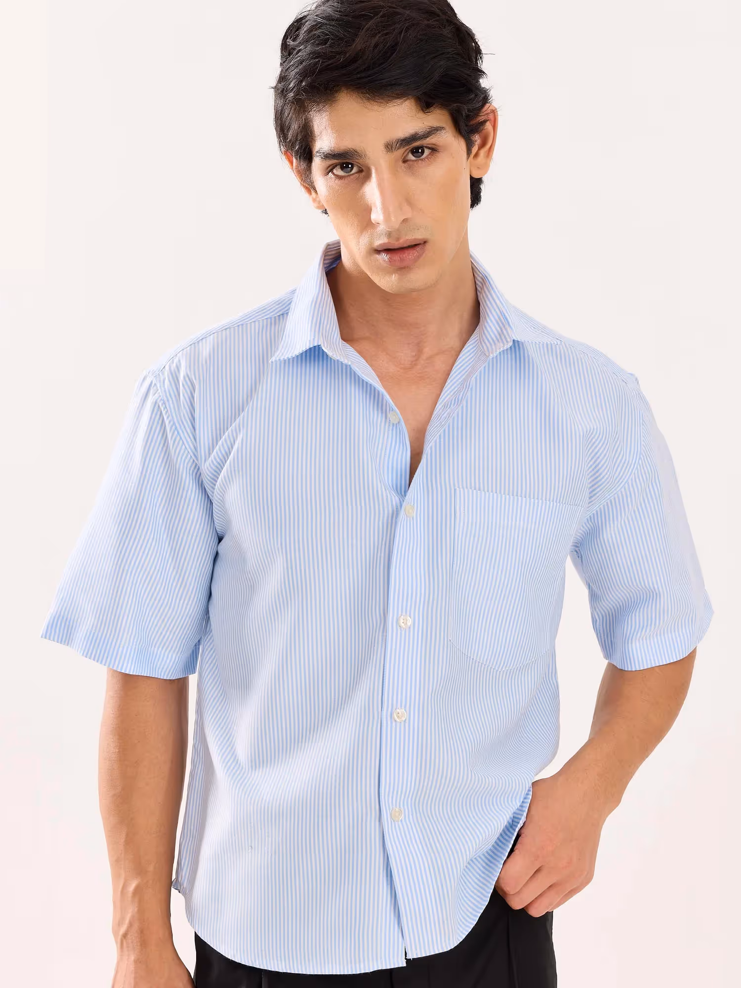 Blue Striped Oversized Cropped Shirt image 5
