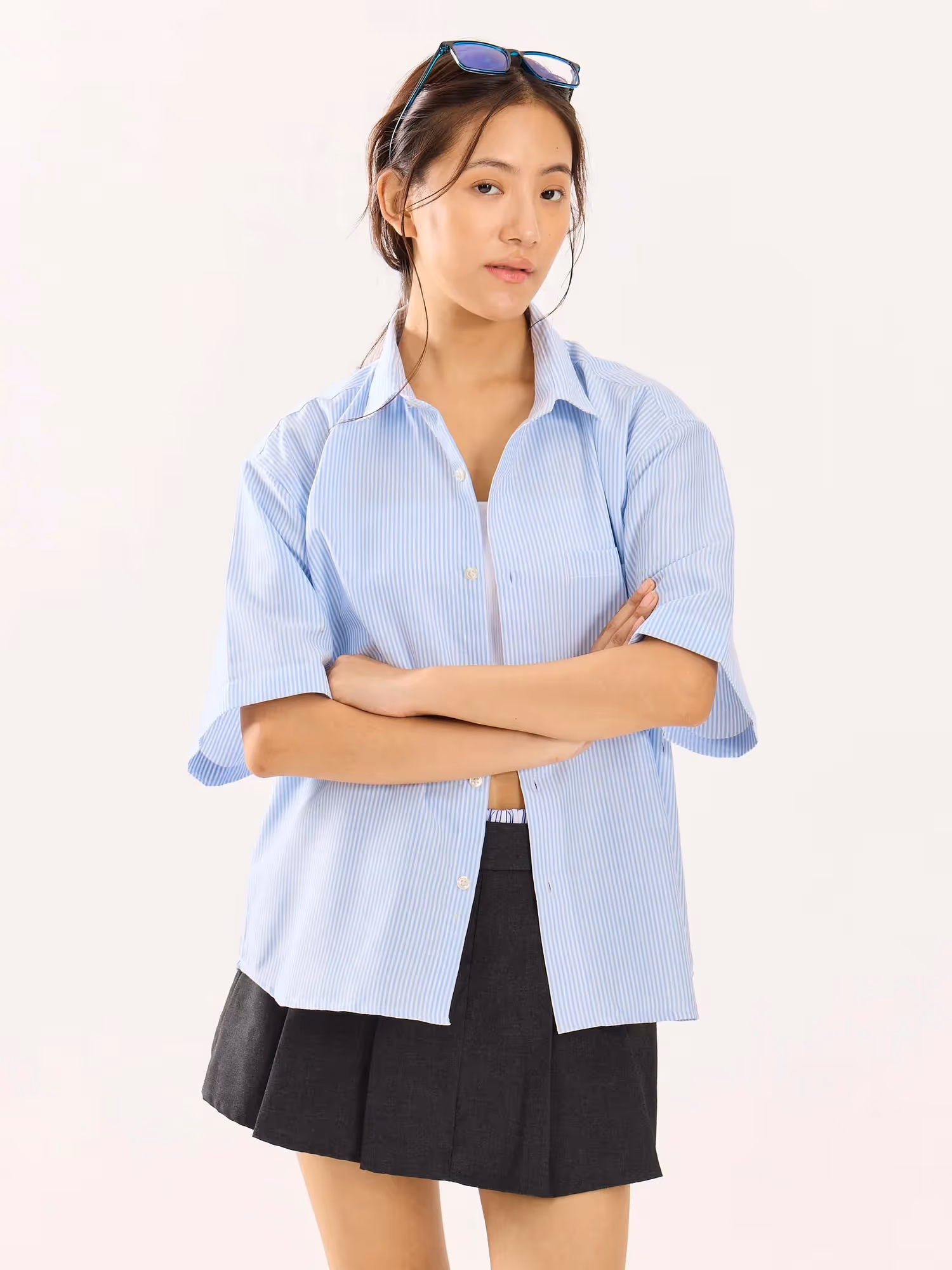 Blue Striped Oversized Cropped Shirt image 6