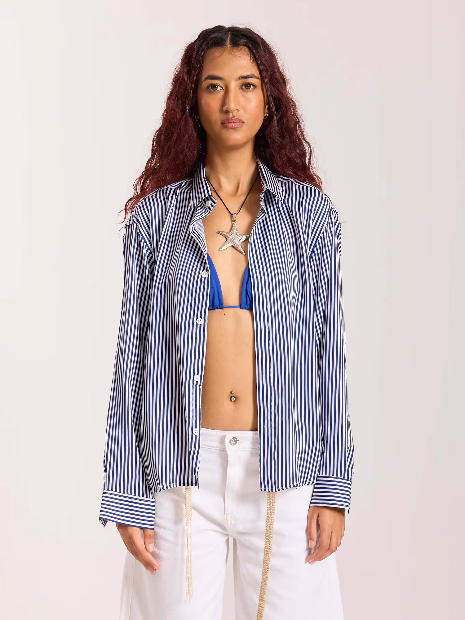 Blue Striped Satin Cropped Shirt  image 4