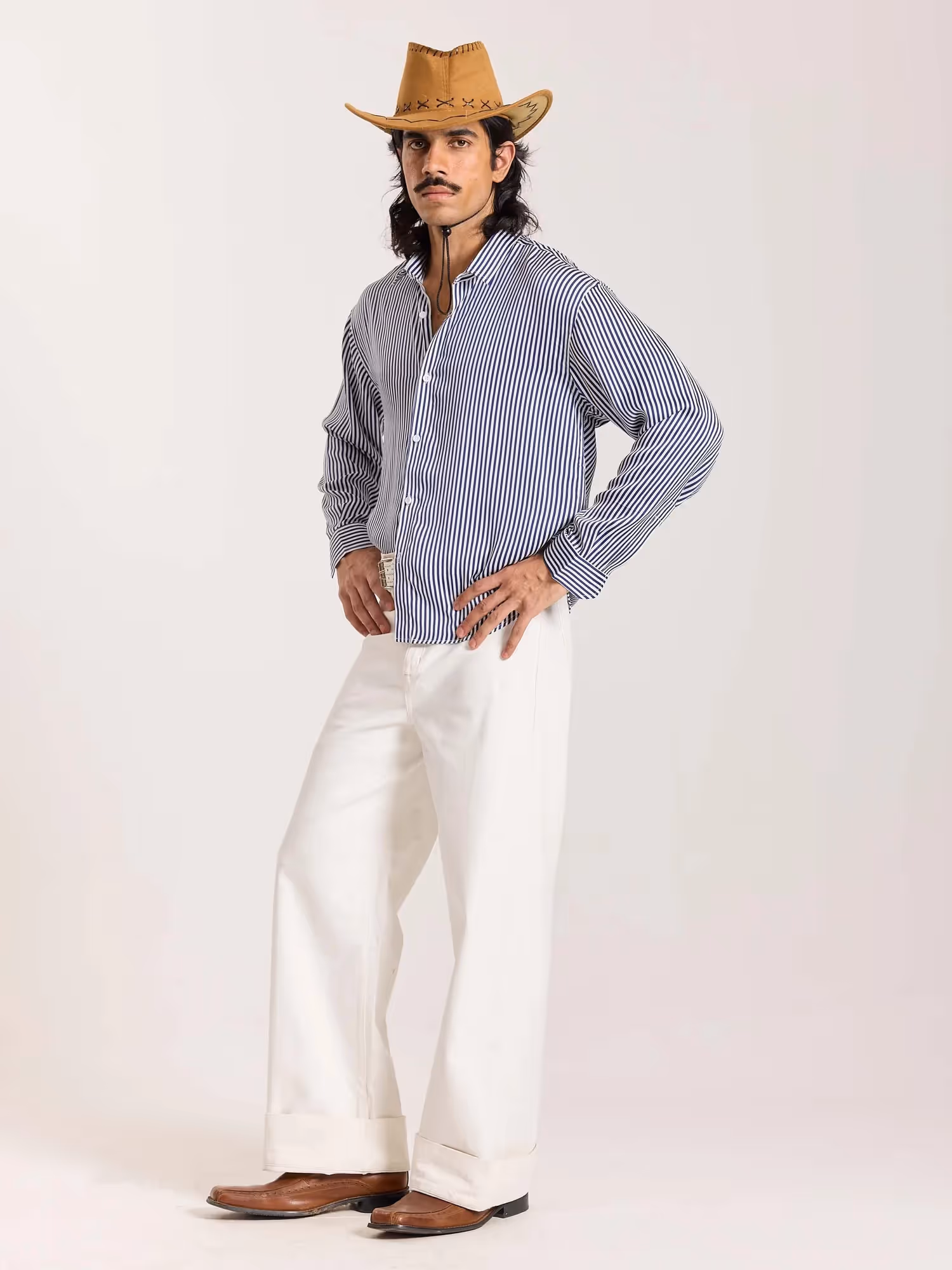 Blue Striped Satin Cropped Shirt  image 6