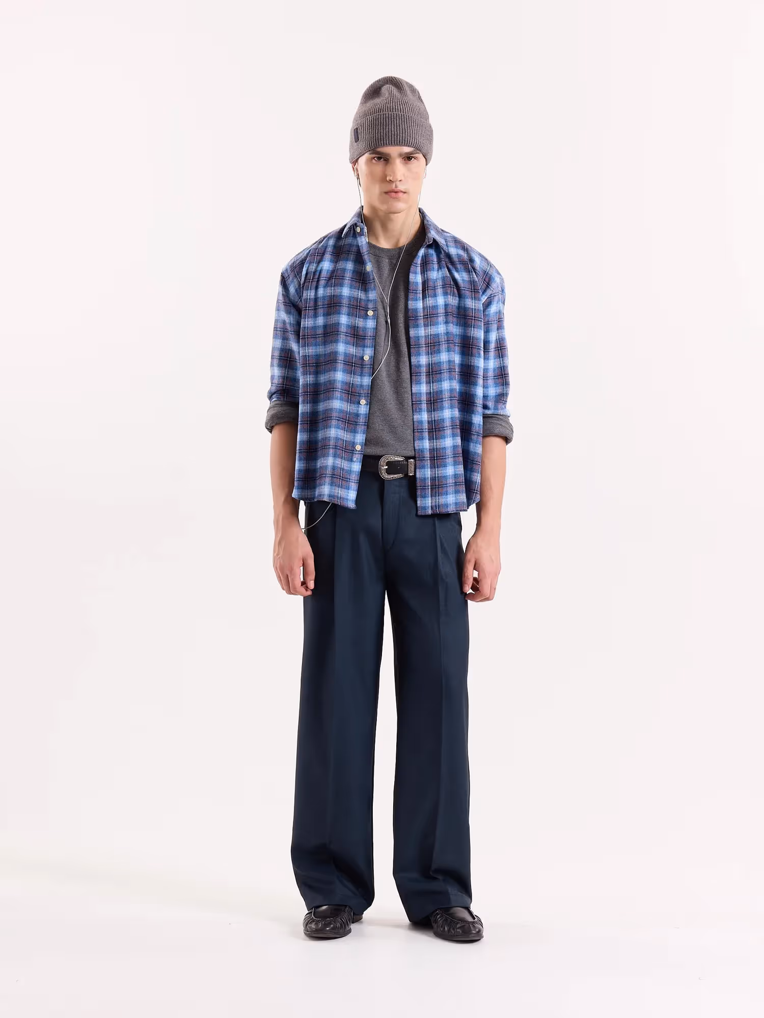 Blue Textured Baggy Fit Trousers image 1