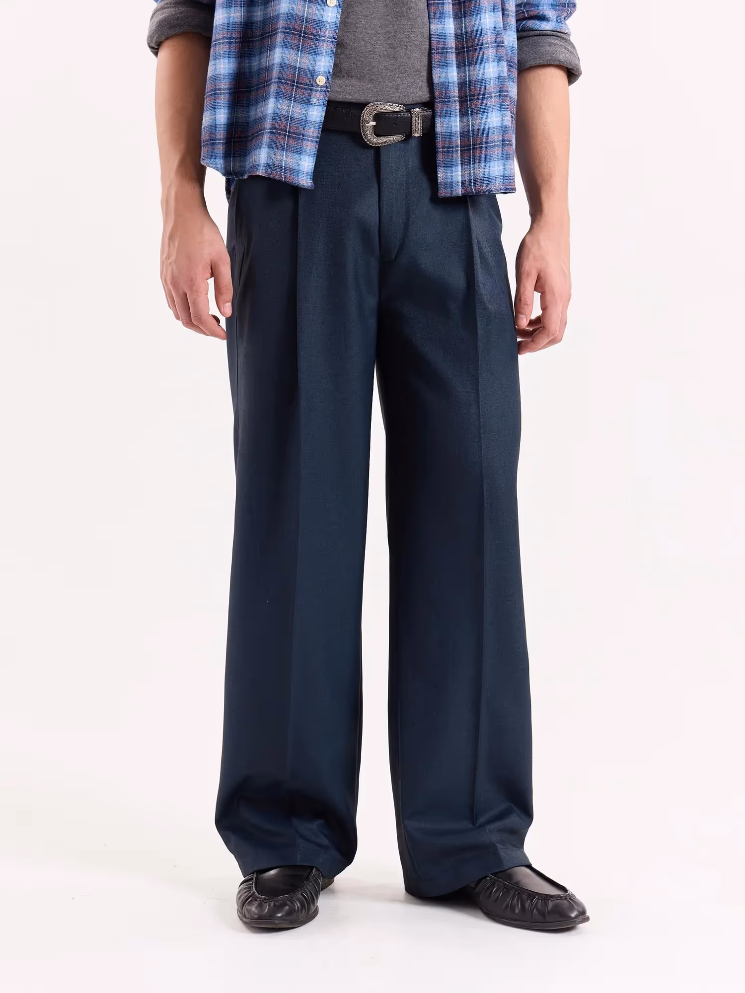 Blue Textured Baggy Fit Trousers image 2