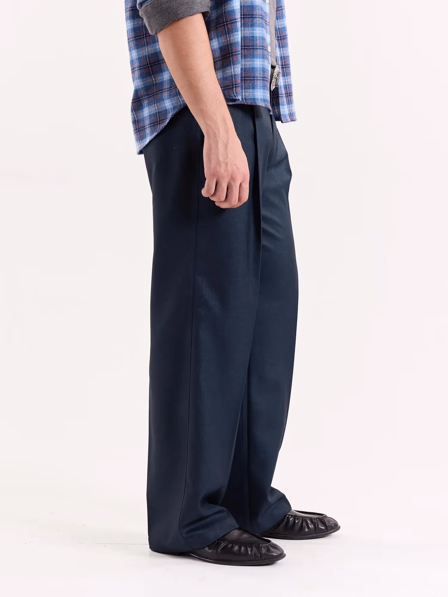 Blue Textured Baggy Fit Trousers image 6
