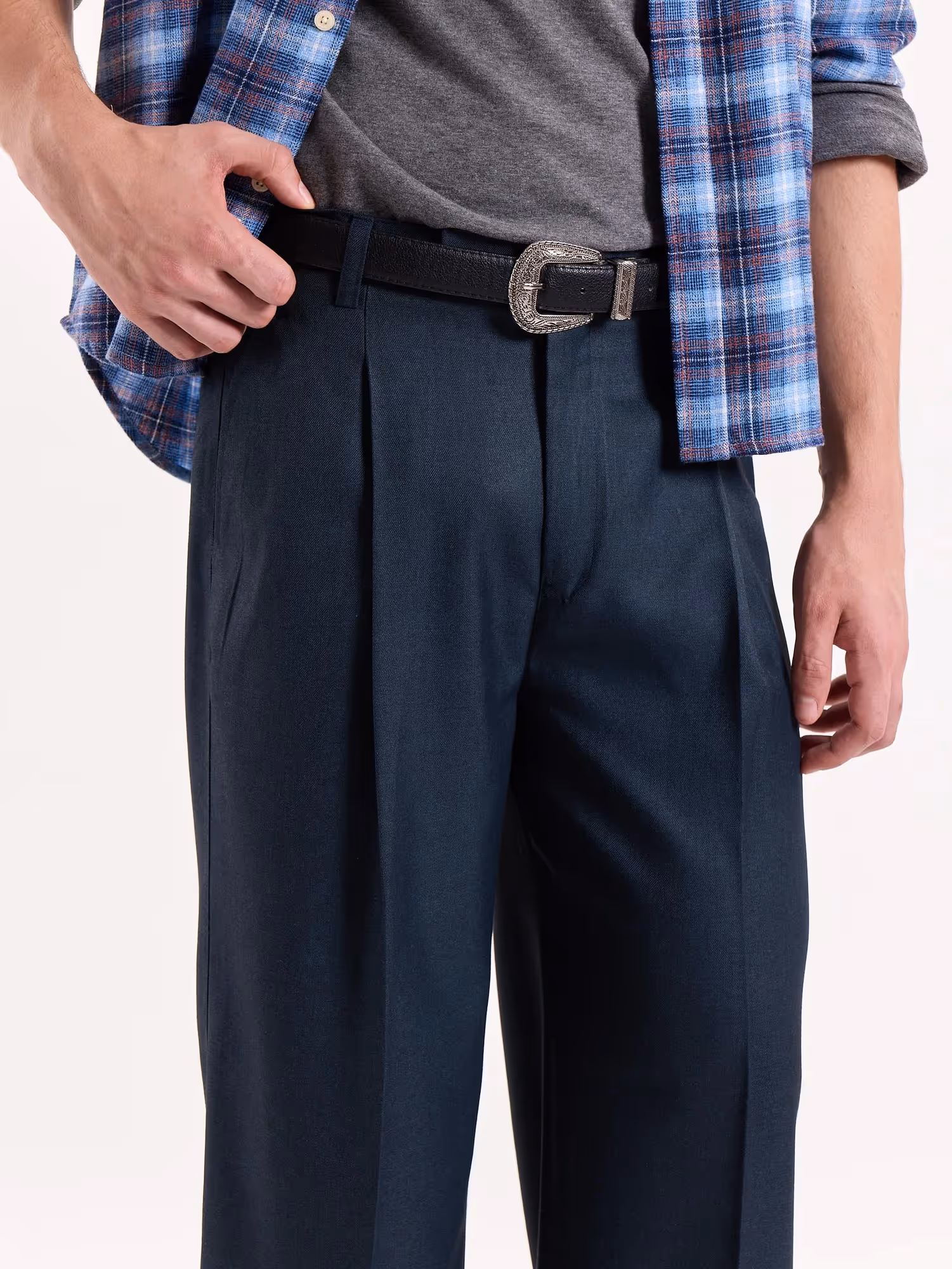 Blue Textured Baggy Fit Trousers image 7