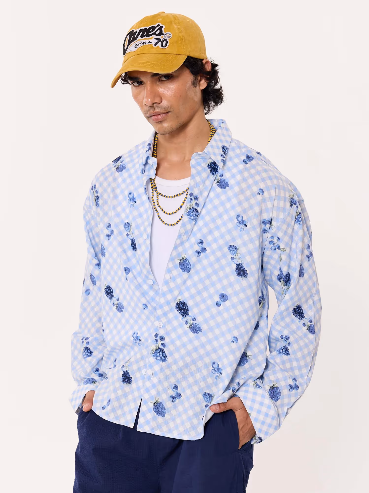 Blueberry Gingham Printed Cropped Shirt  image 5