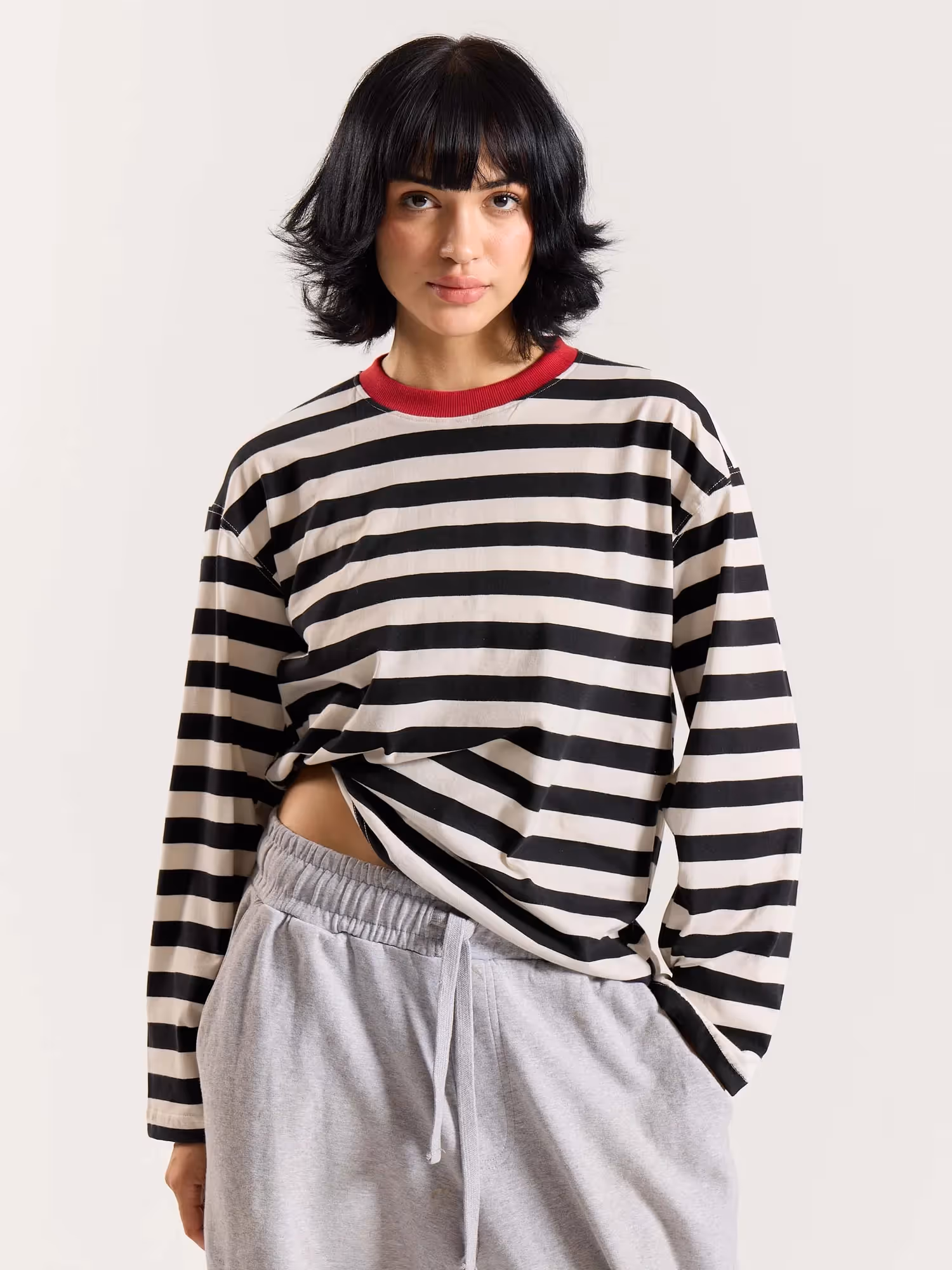 Bold Black and White Striped Loose Fit Cropped T-Shirt image 4