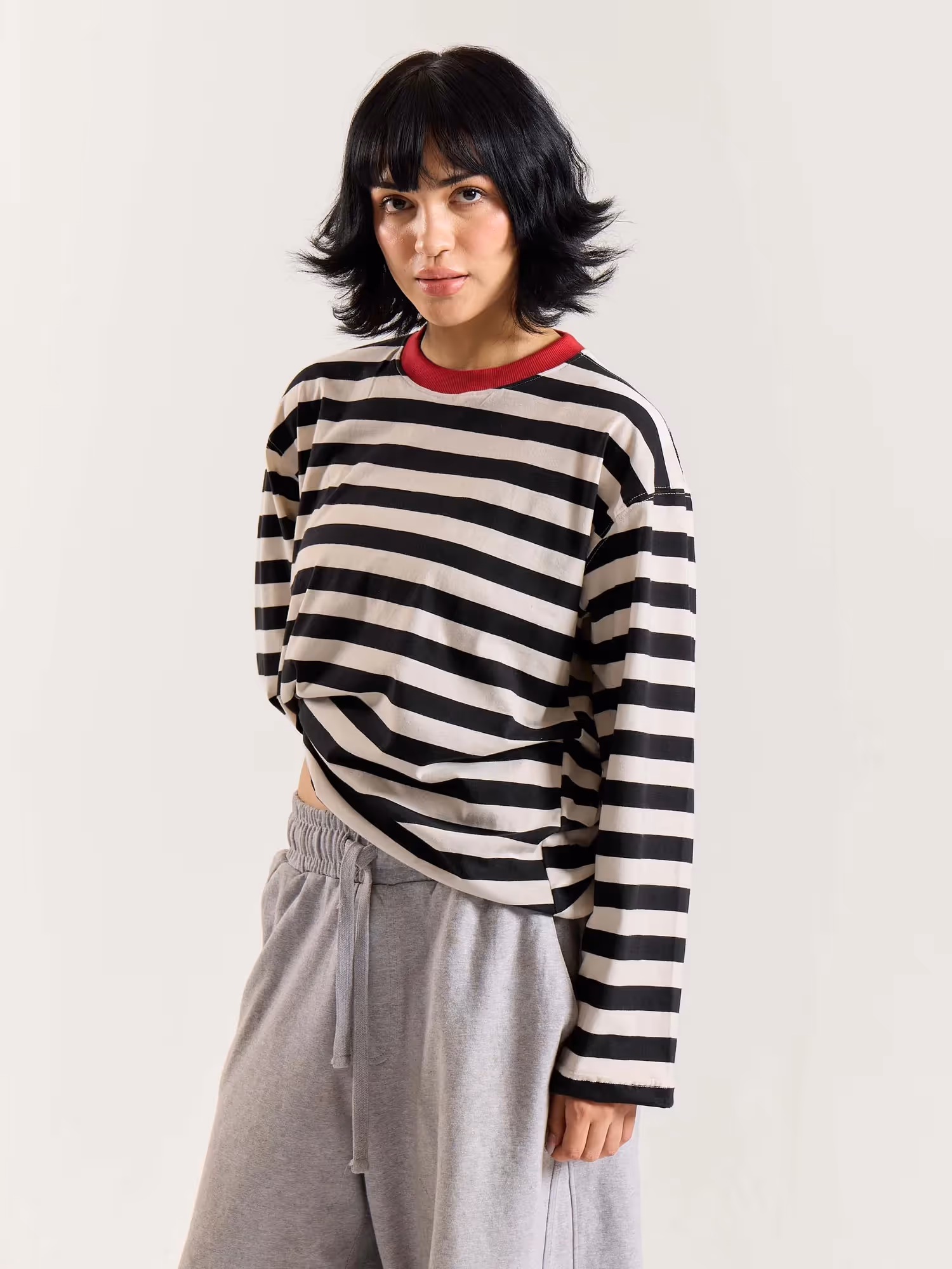 Bold Black and White Striped Loose Fit Cropped T-Shirt image 6
