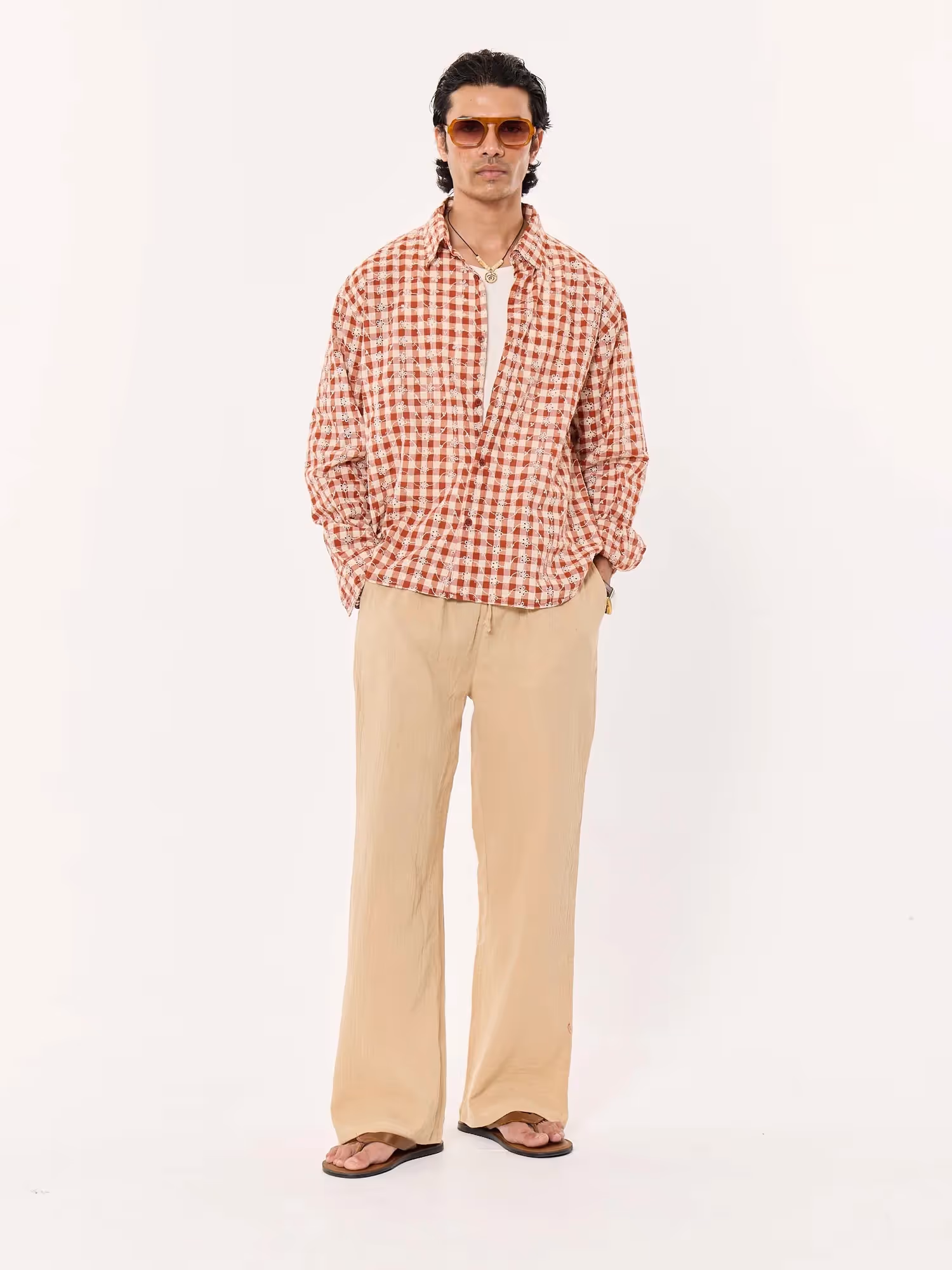 Brick Red Embroidered Gingham Cropped Shirt image 1