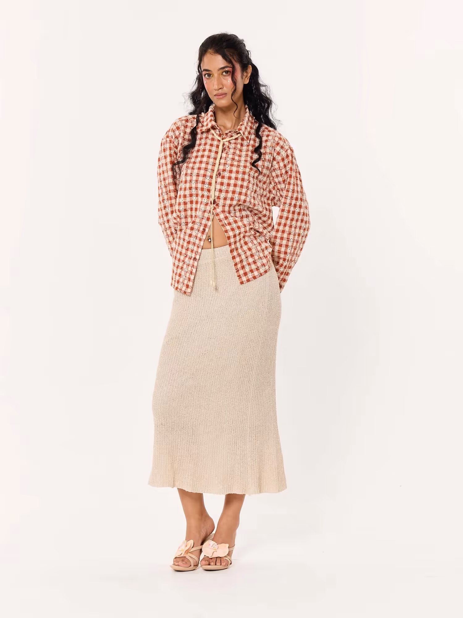 Brick Red Embroidered Gingham Cropped Shirt image 2