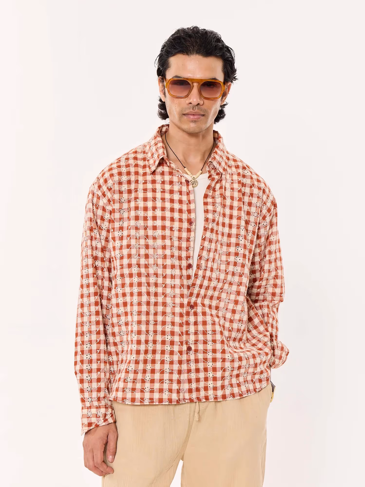 Brick Red Embroidered Gingham Cropped Shirt image 3