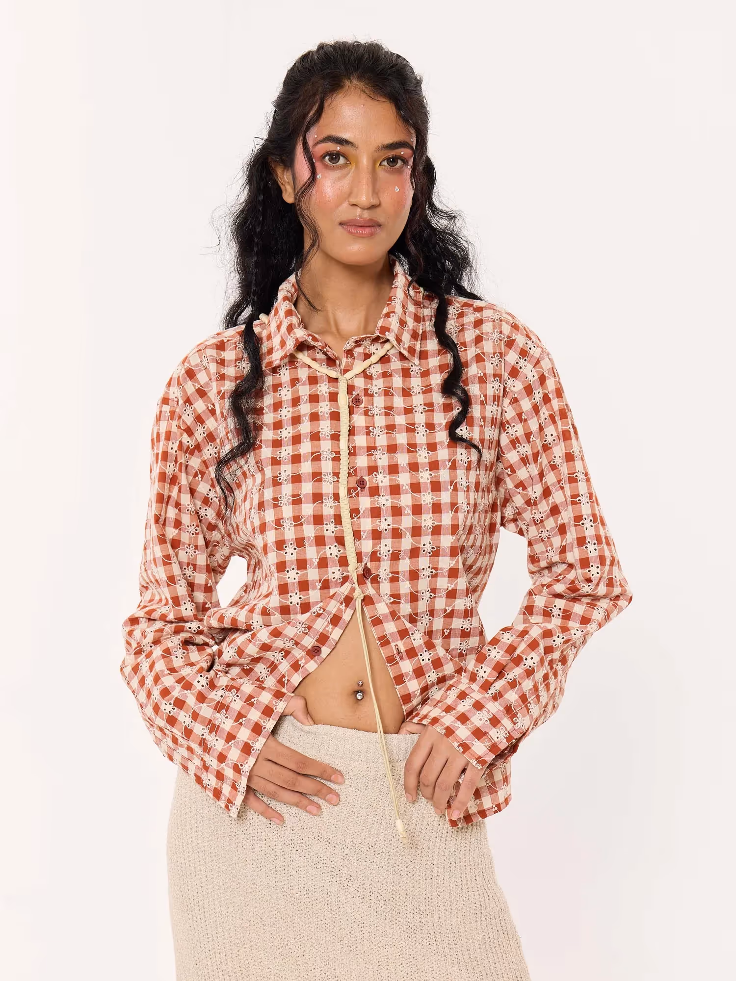 Brick Red Embroidered Gingham Cropped Shirt image 4