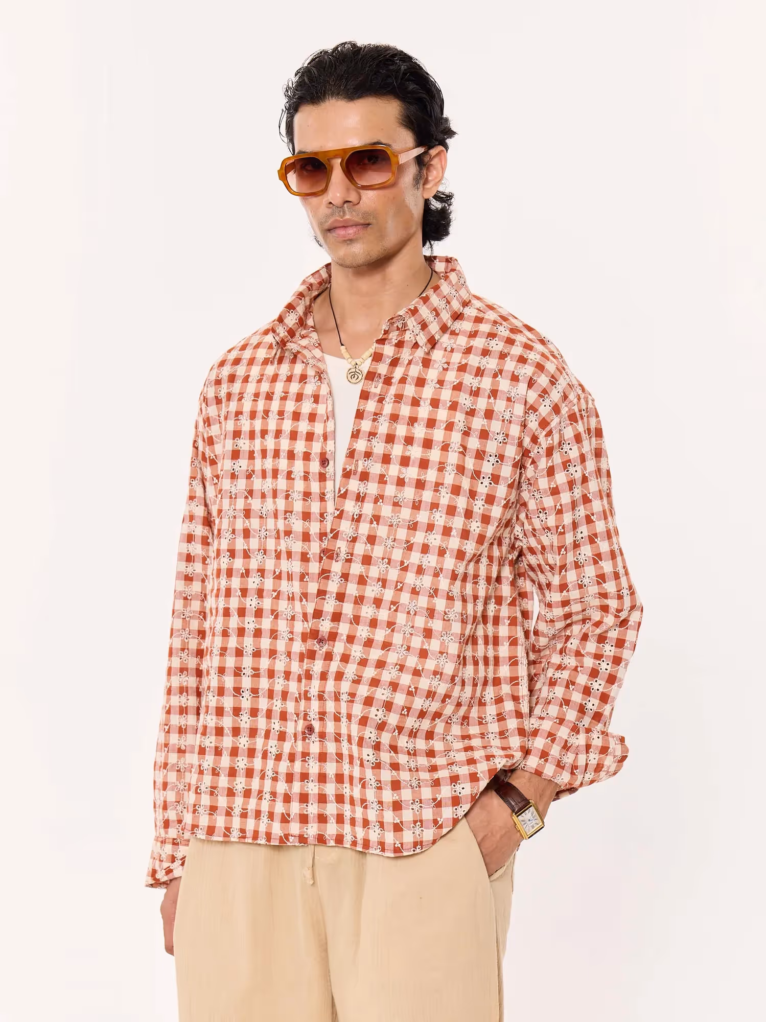 Brick Red Embroidered Gingham Cropped Shirt image 5