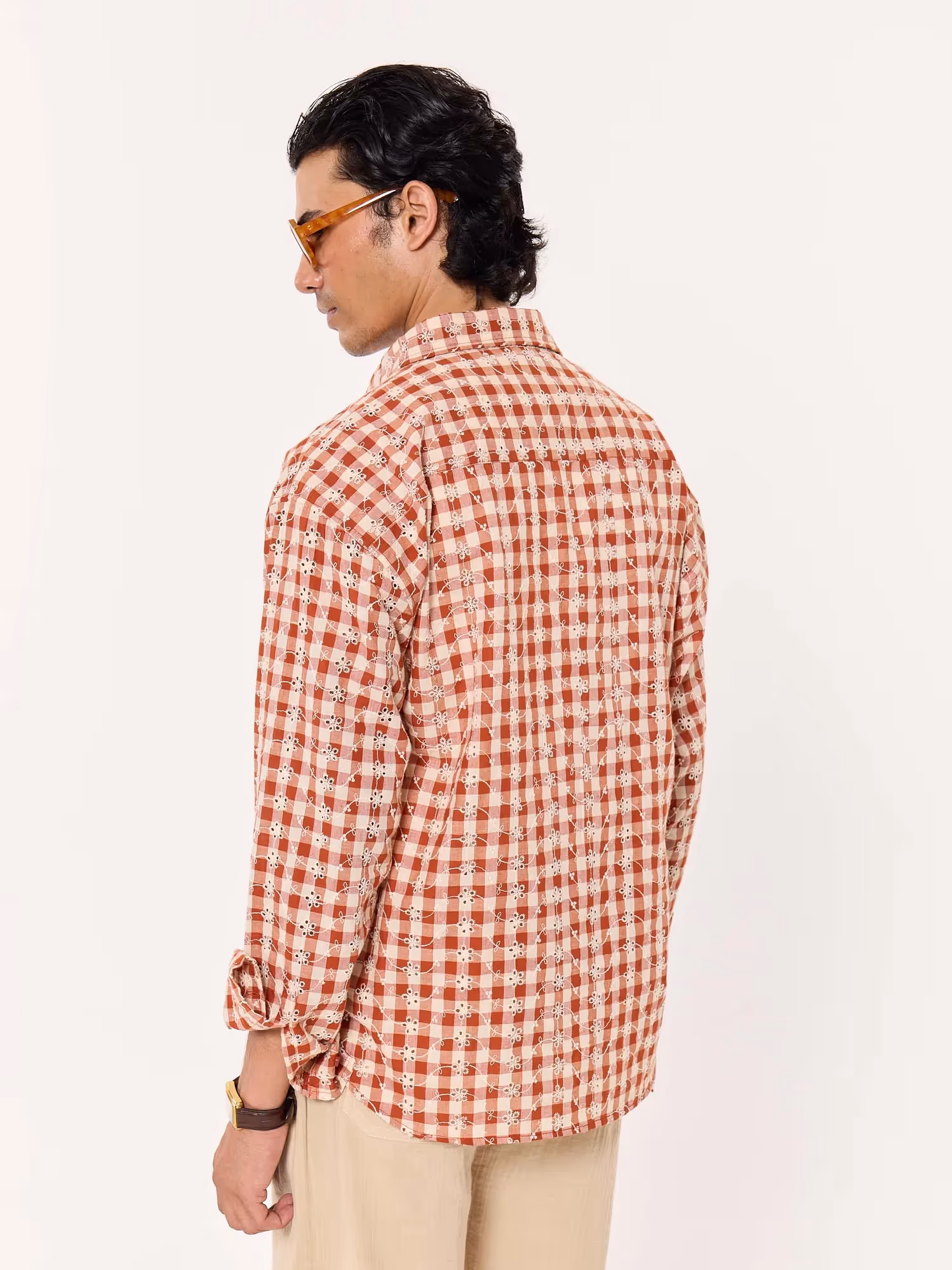 Brick Red Embroidered Gingham Cropped Shirt image 6