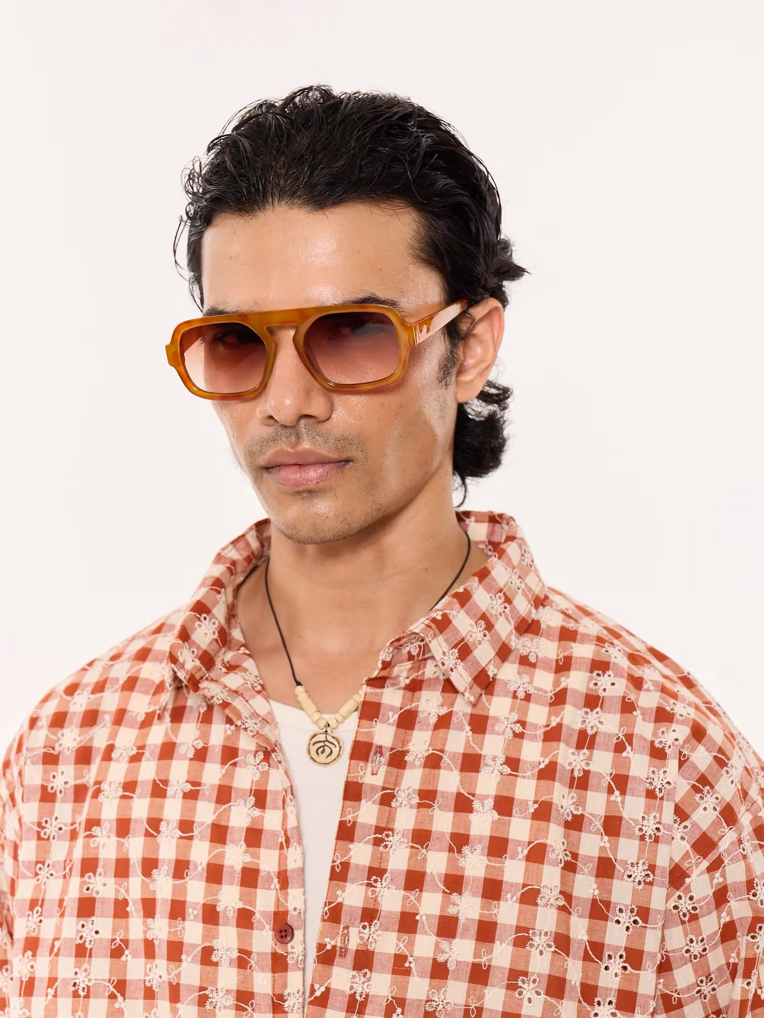Brick Red Embroidered Gingham Cropped Shirt image 7