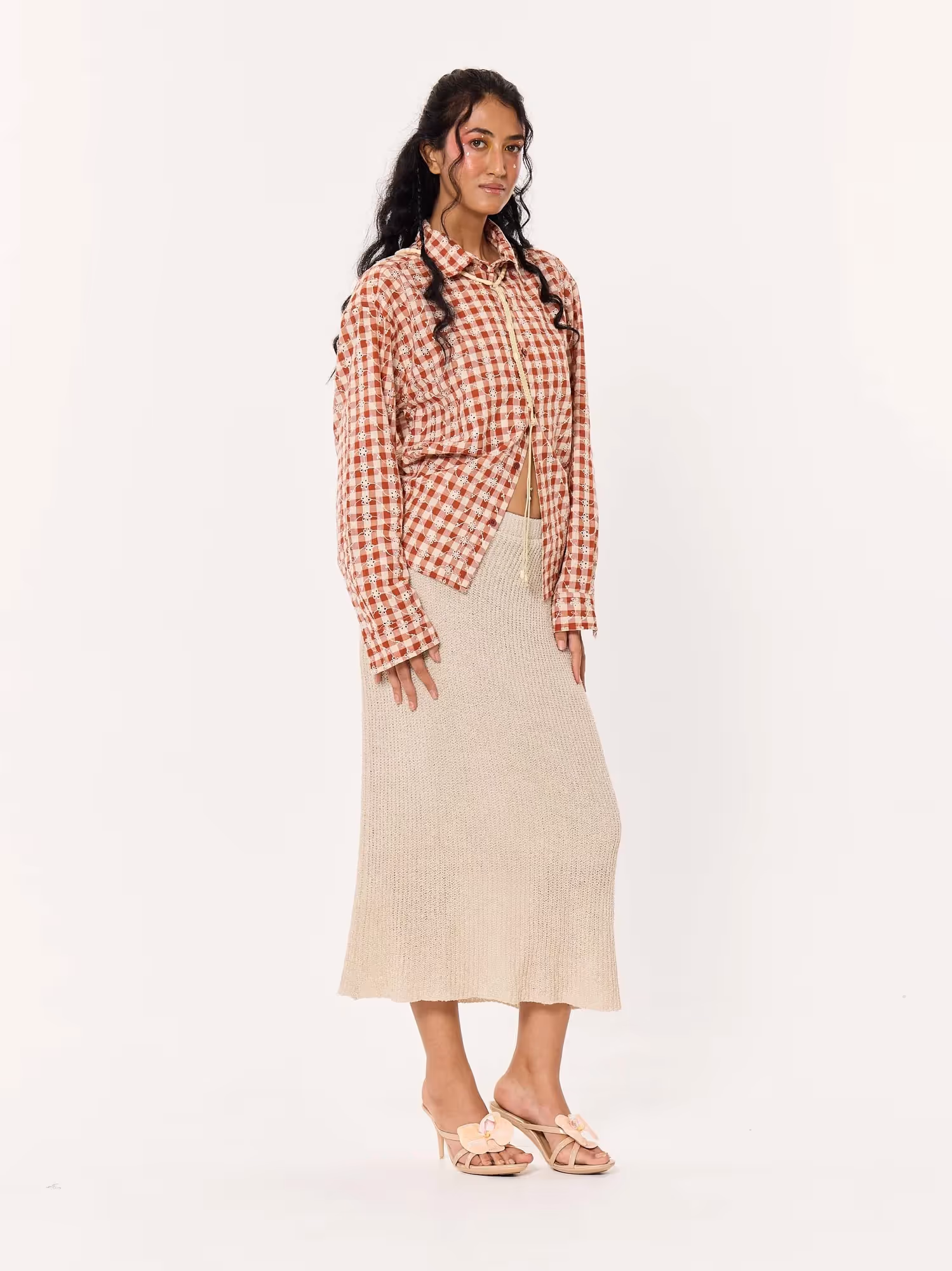 Brick Red Embroidered Gingham Cropped Shirt image 8