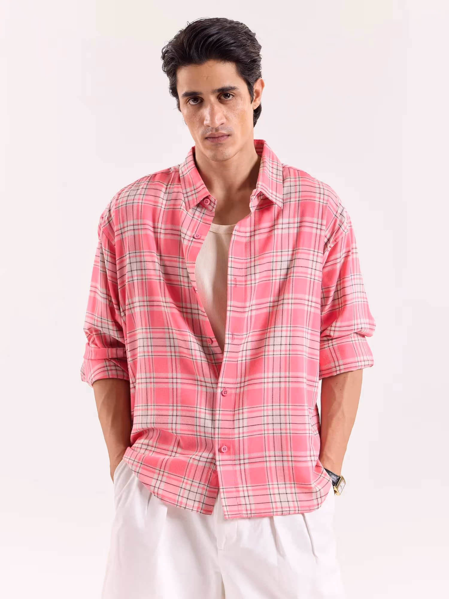 Bright Pink Checkered Cropped Shirt image 3