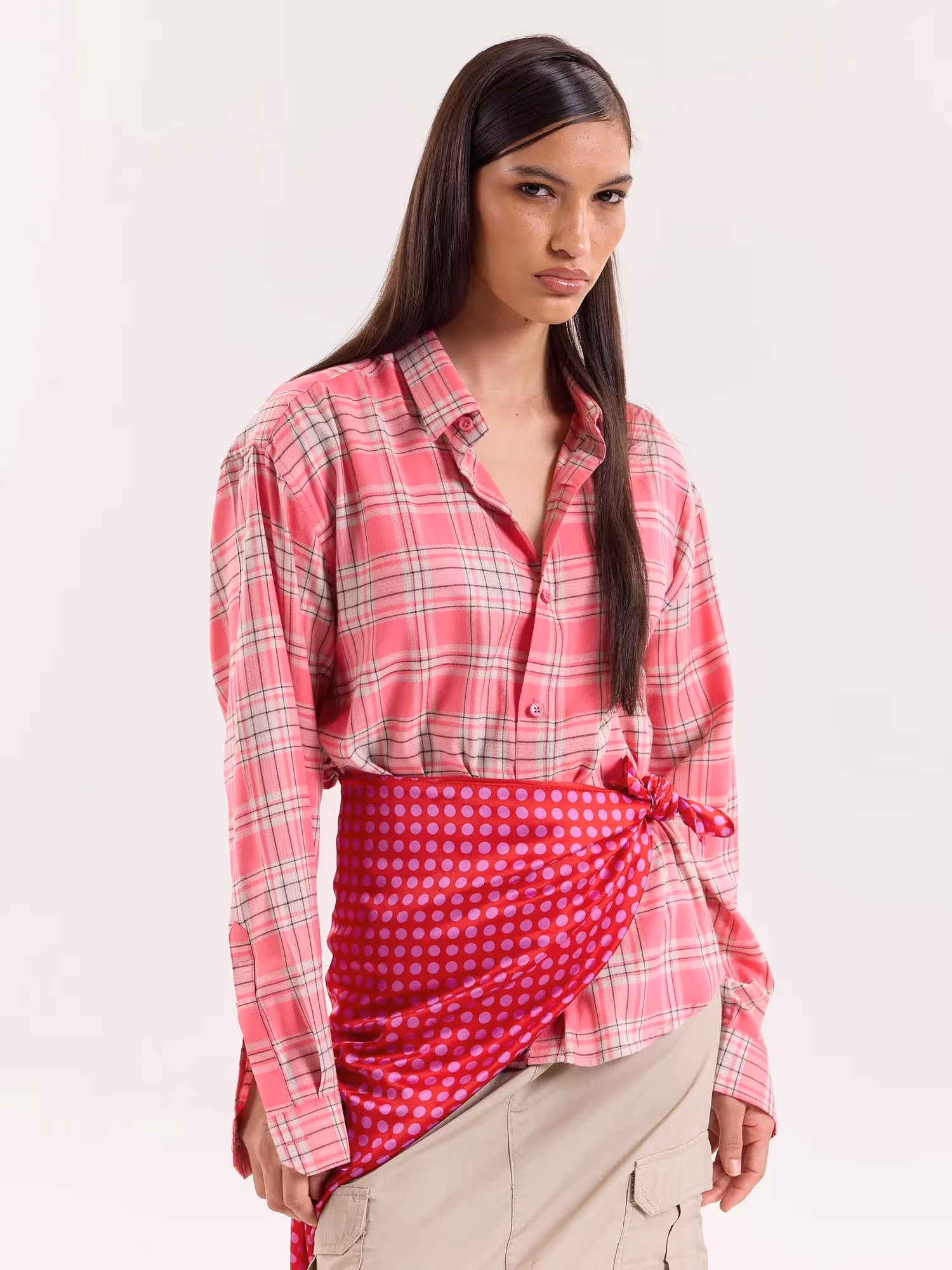 Bright Pink Checkered Cropped Shirt image 4