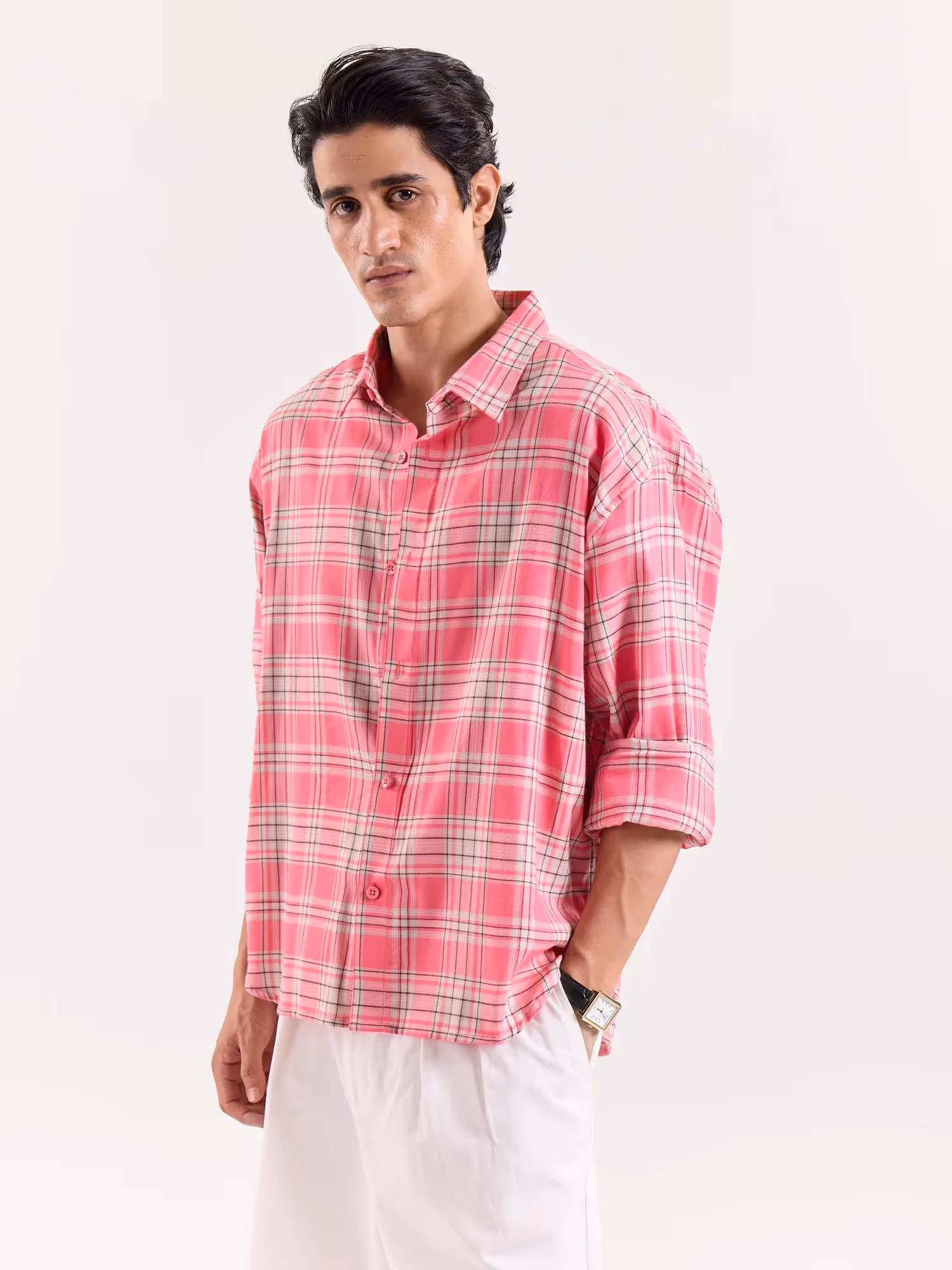 Bright Pink Checkered Cropped Shirt image 5