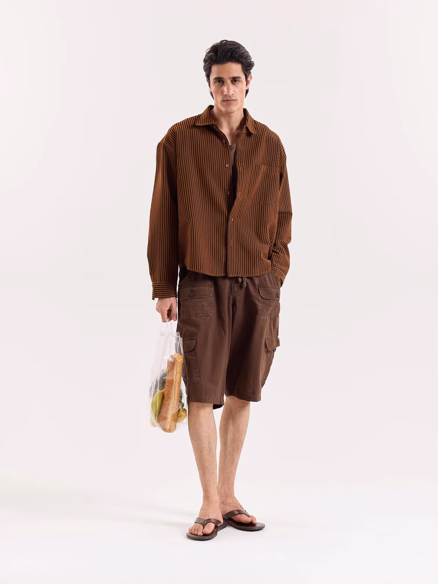 Brown & Black Striped Seersucker Cropped Shirt image 1