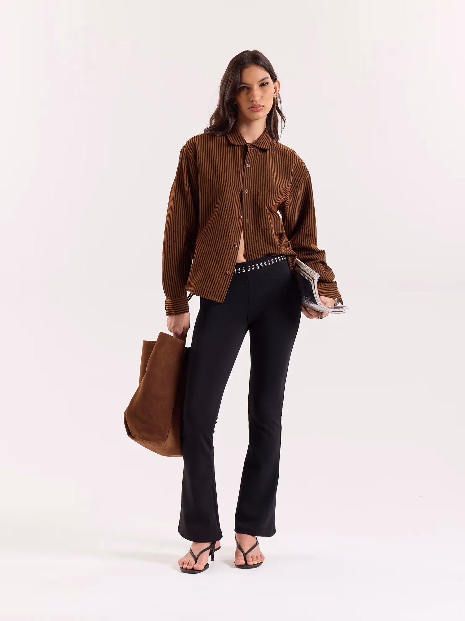 Brown & Black Striped Seersucker Cropped Shirt image 2