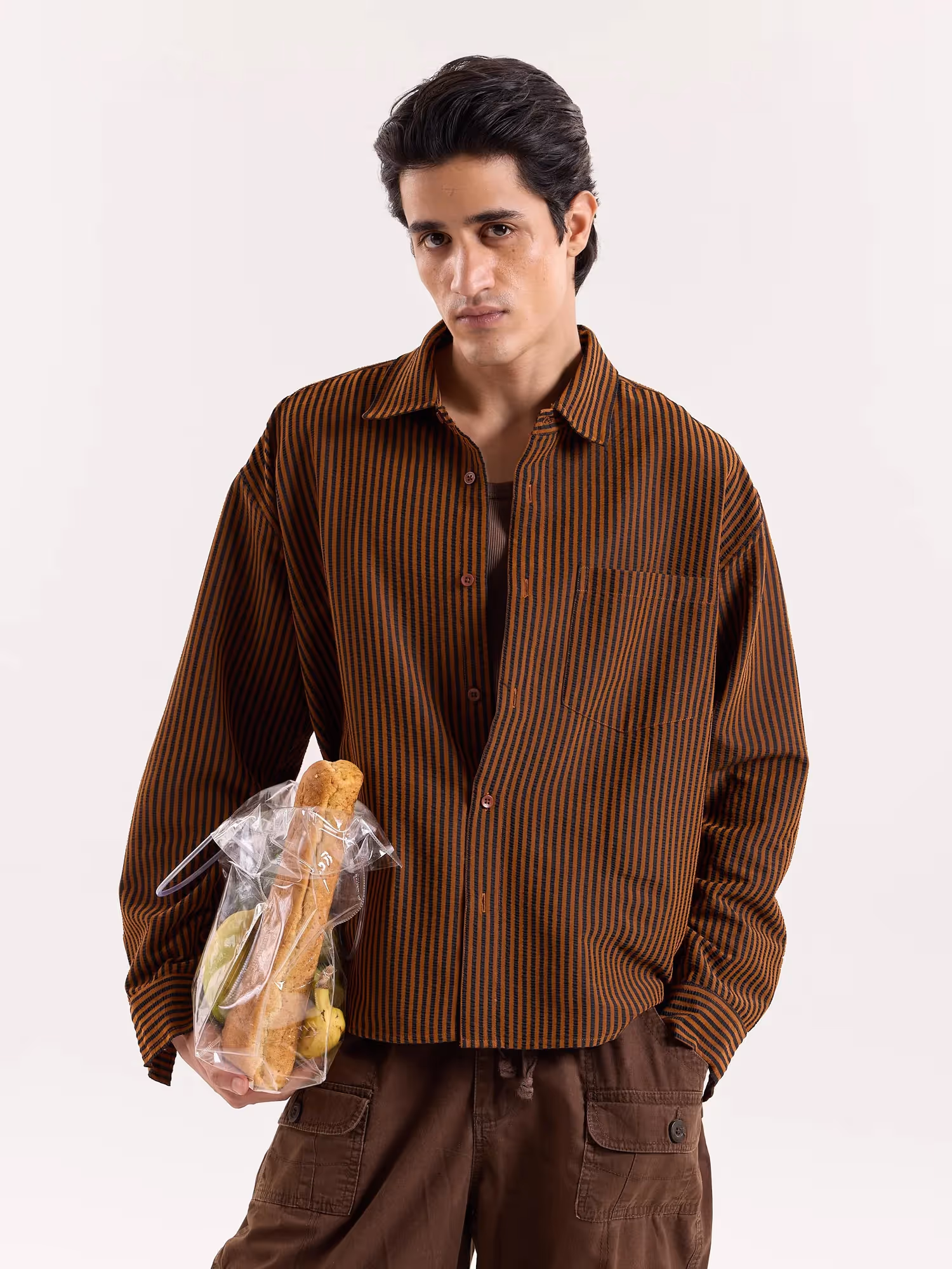 Brown & Black Striped Seersucker Cropped Shirt image 3