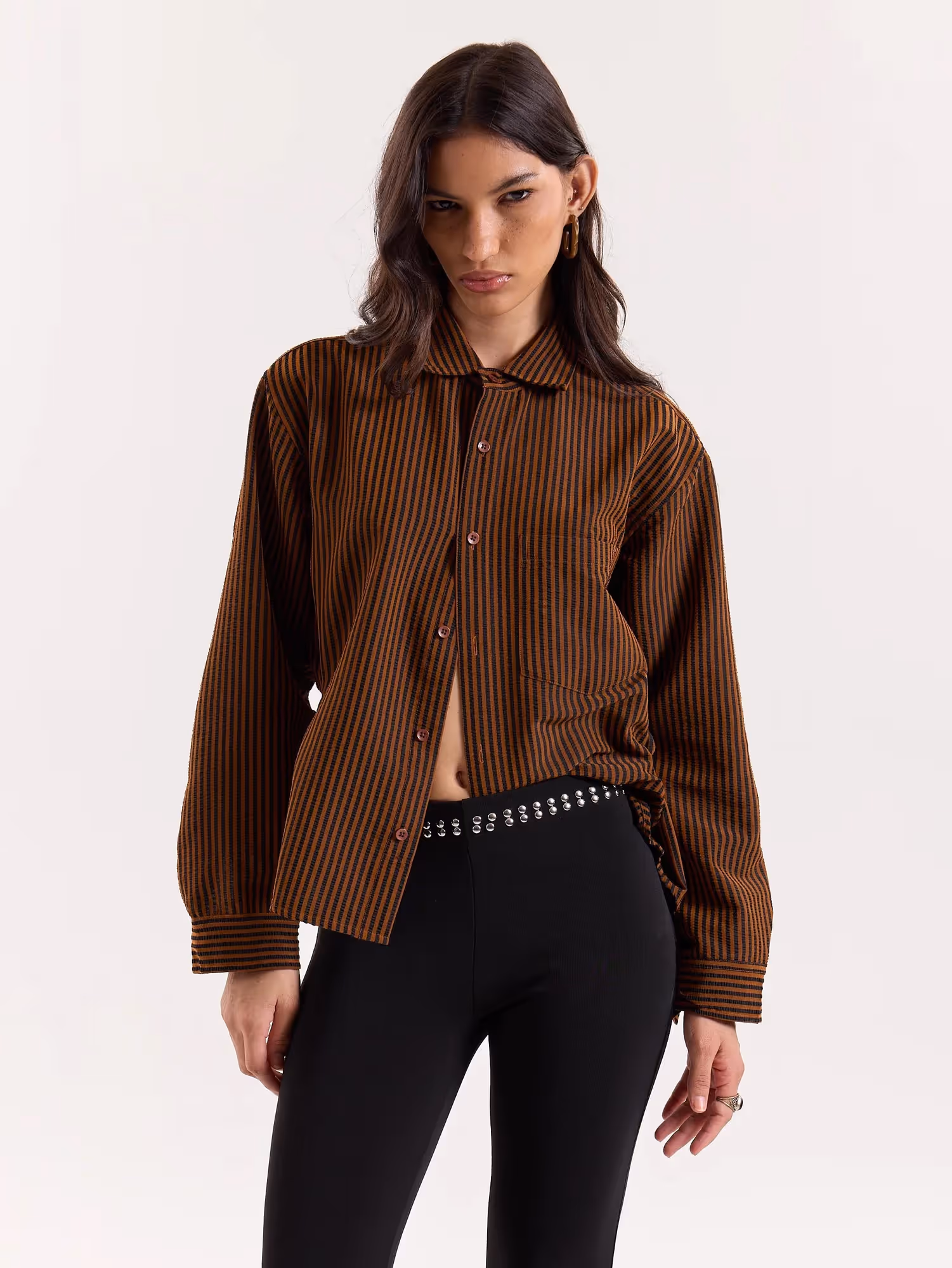 Brown & Black Striped Seersucker Cropped Shirt image 4