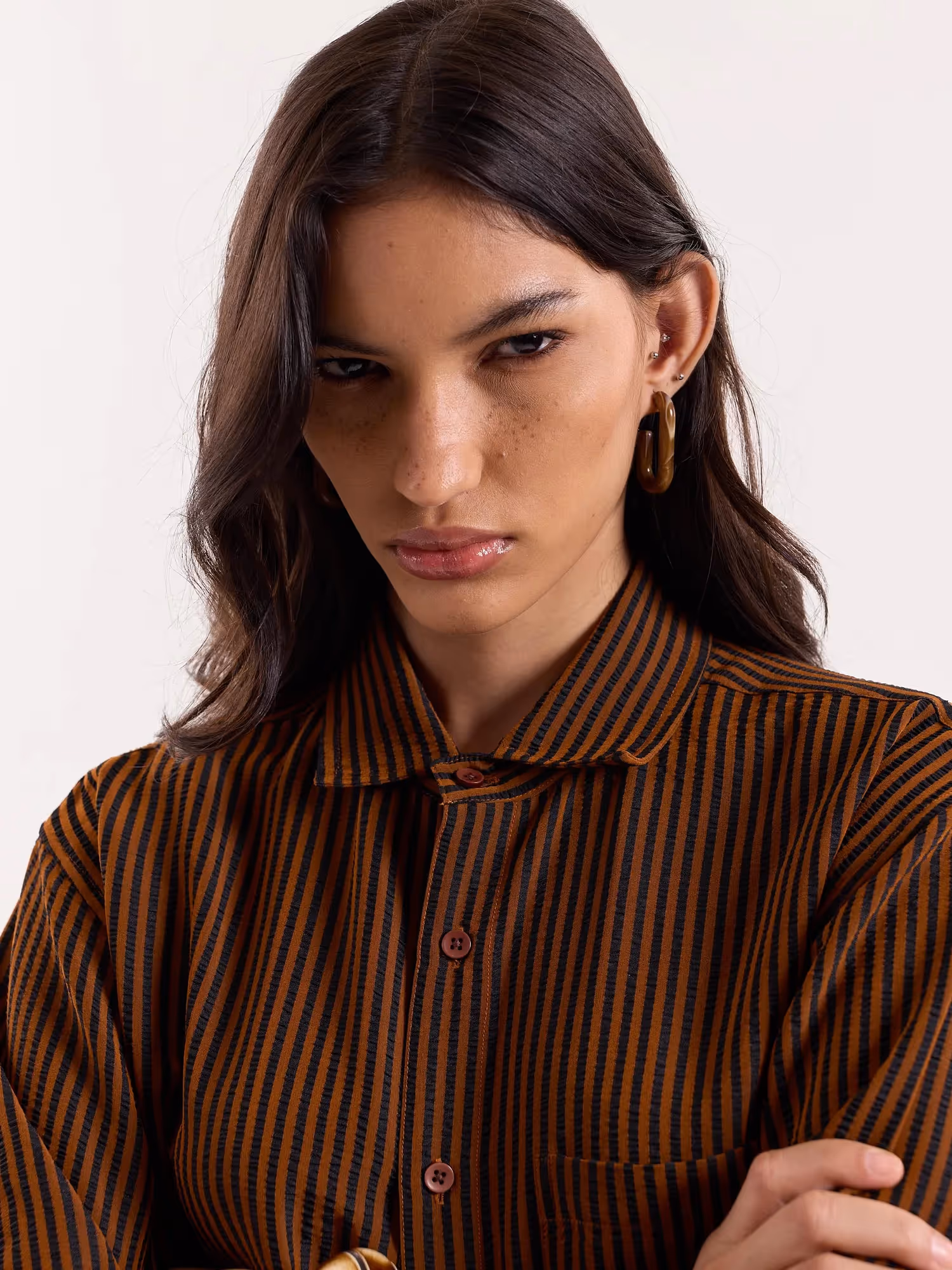 Brown & Black Striped Seersucker Cropped Shirt image 6