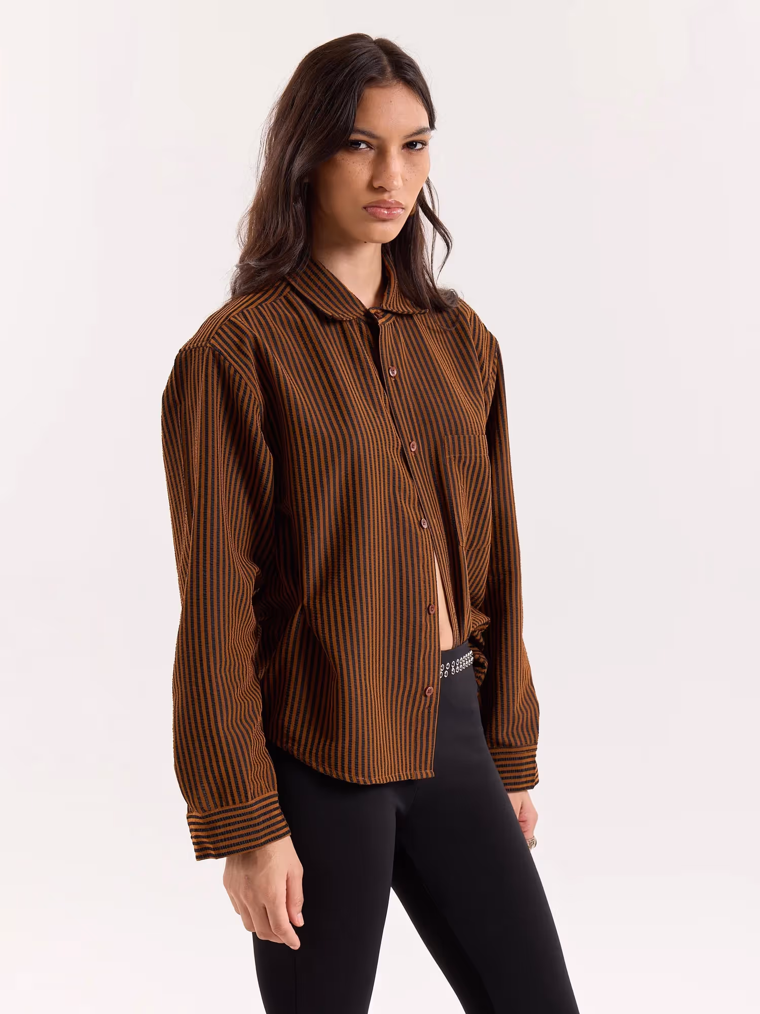 Brown & Black Striped Seersucker Cropped Shirt image 7
