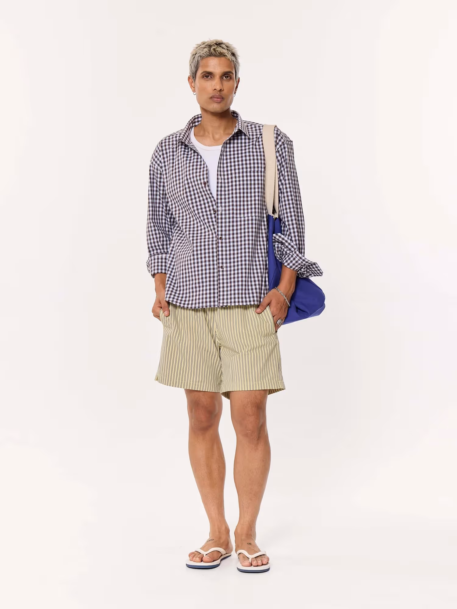 Brown & Blue Checkered Oversized Cropped Shirt image 1