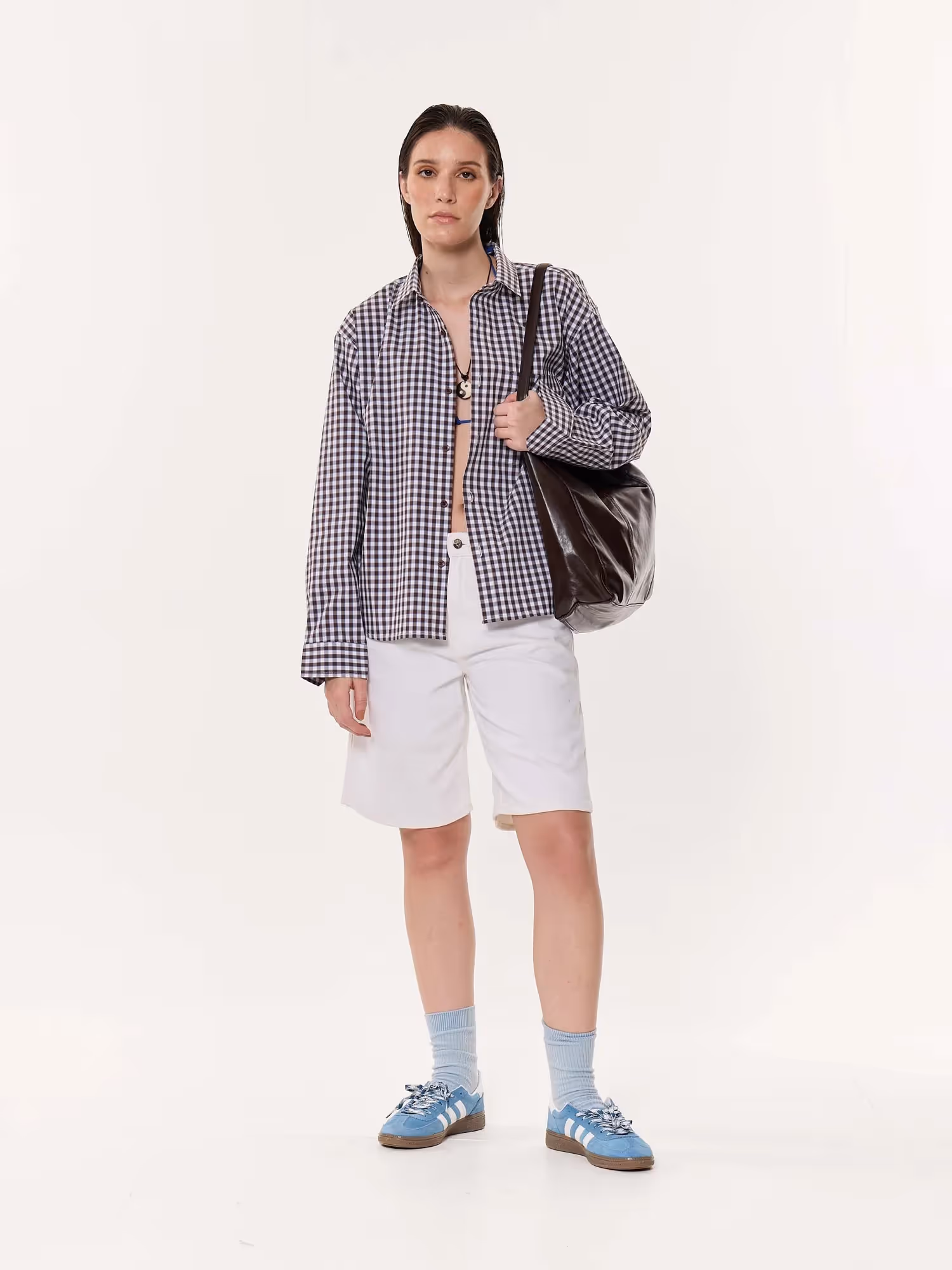 Brown & Blue Checkered Oversized Cropped Shirt  image 2