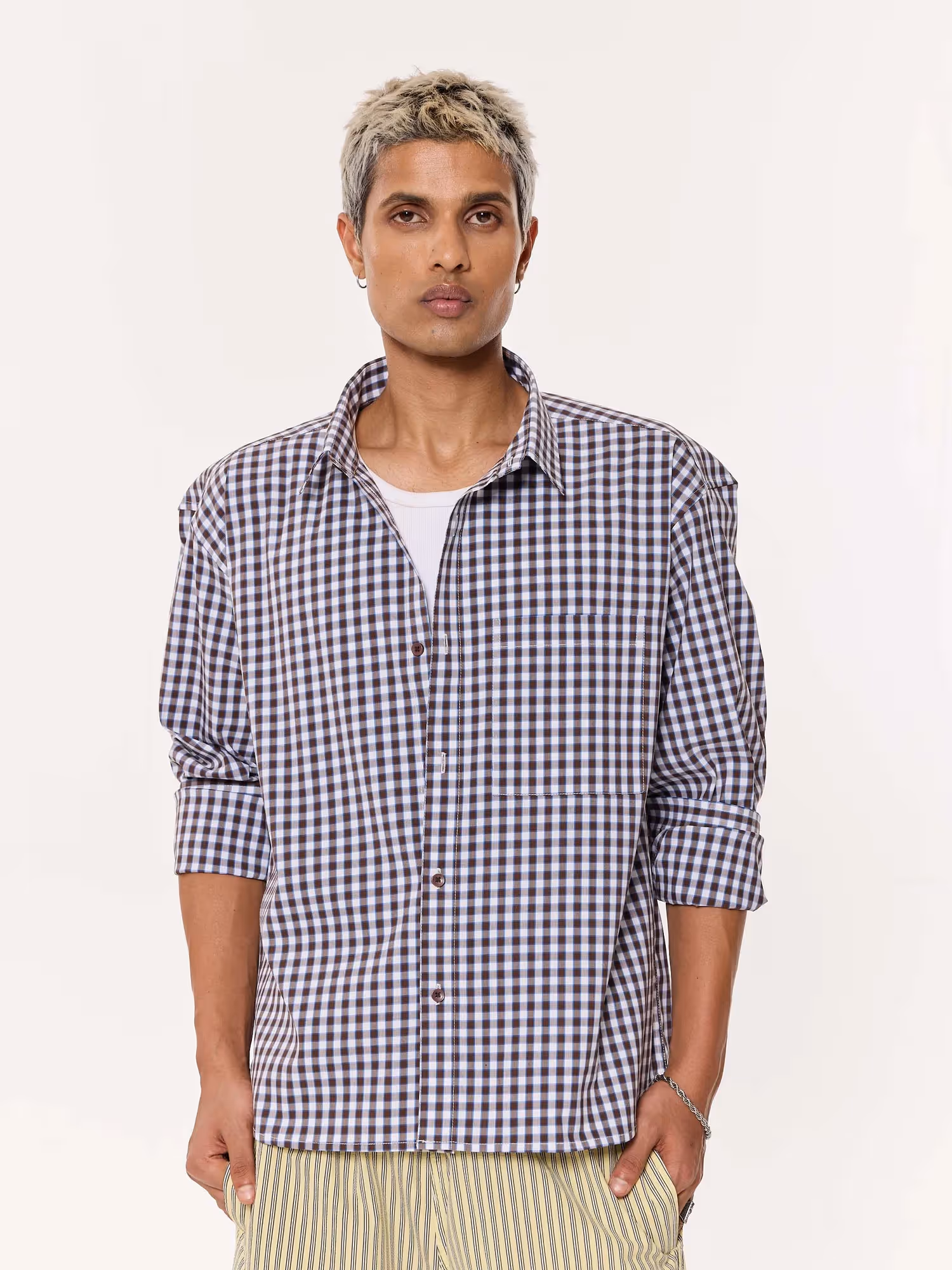 Brown & Blue Checkered Oversized Cropped Shirt  image 3
