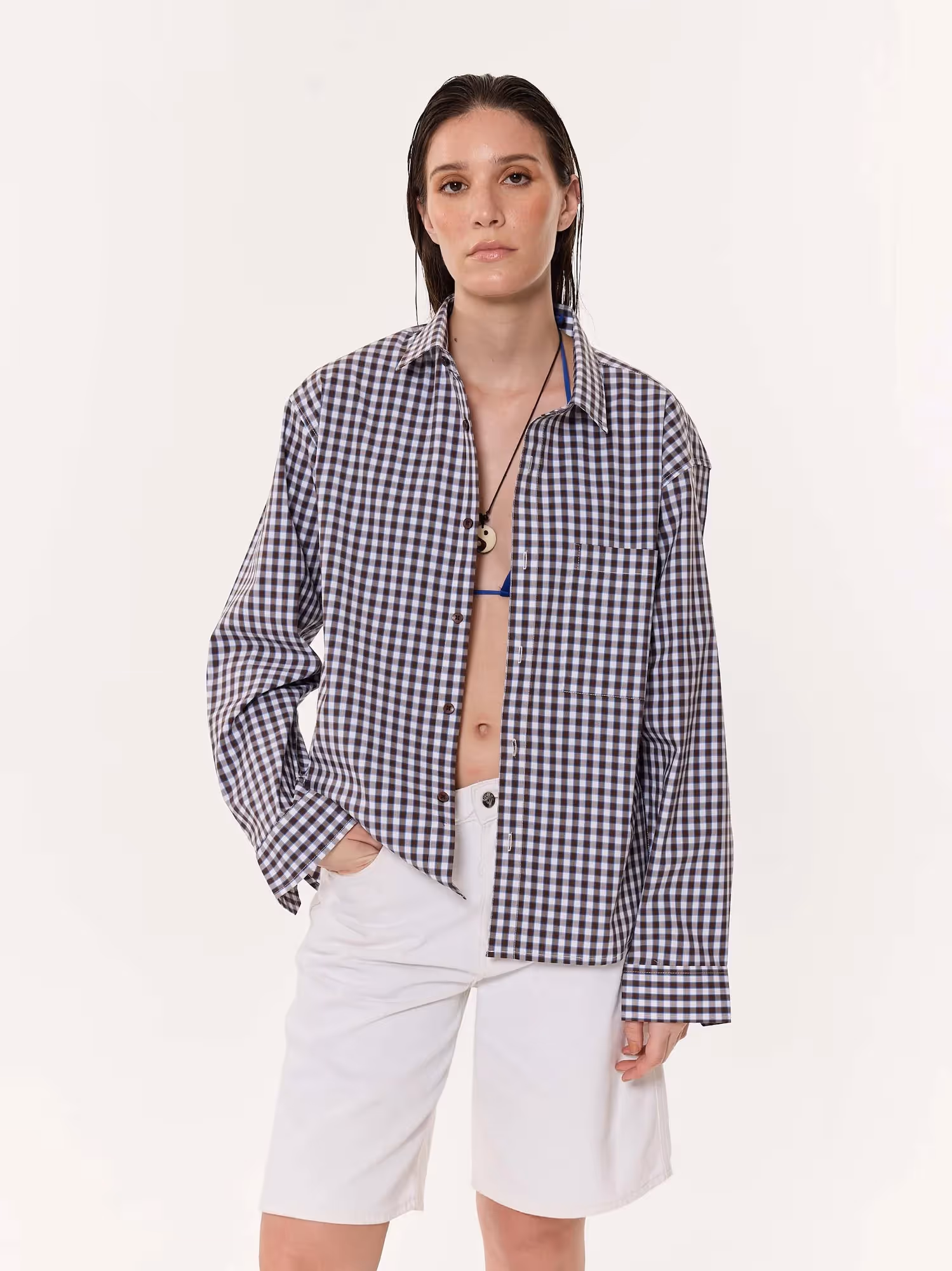 Brown & Blue Checkered Oversized Cropped Shirt  image 4