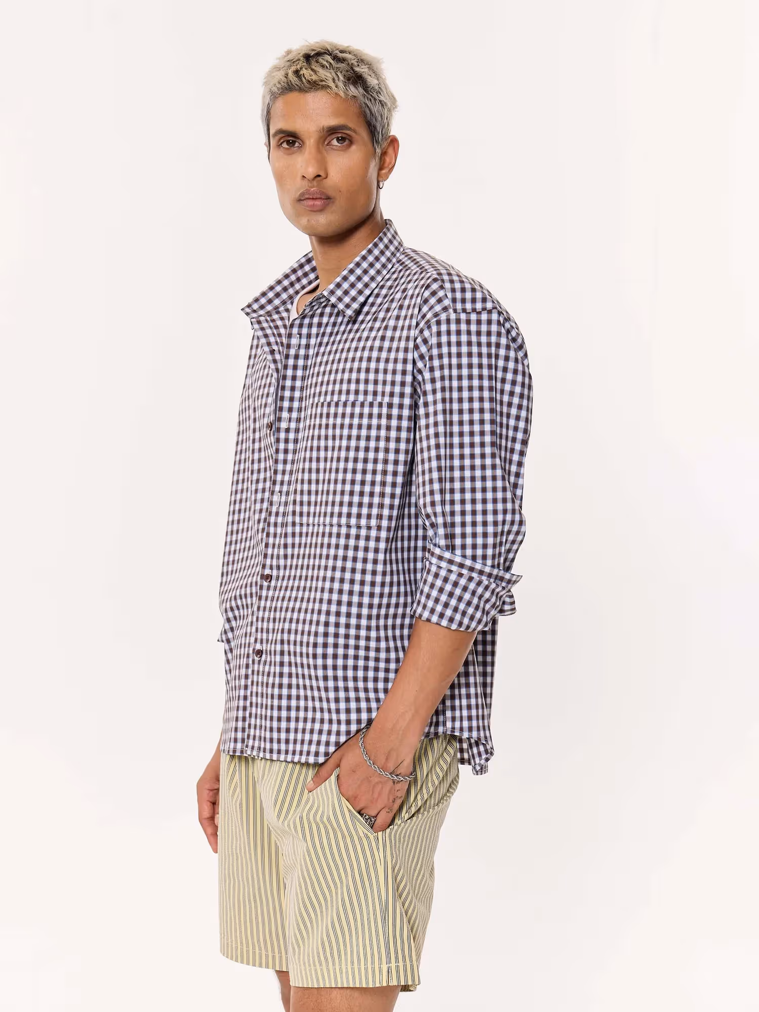 Brown & Blue Checkered Oversized Cropped Shirt  image 5