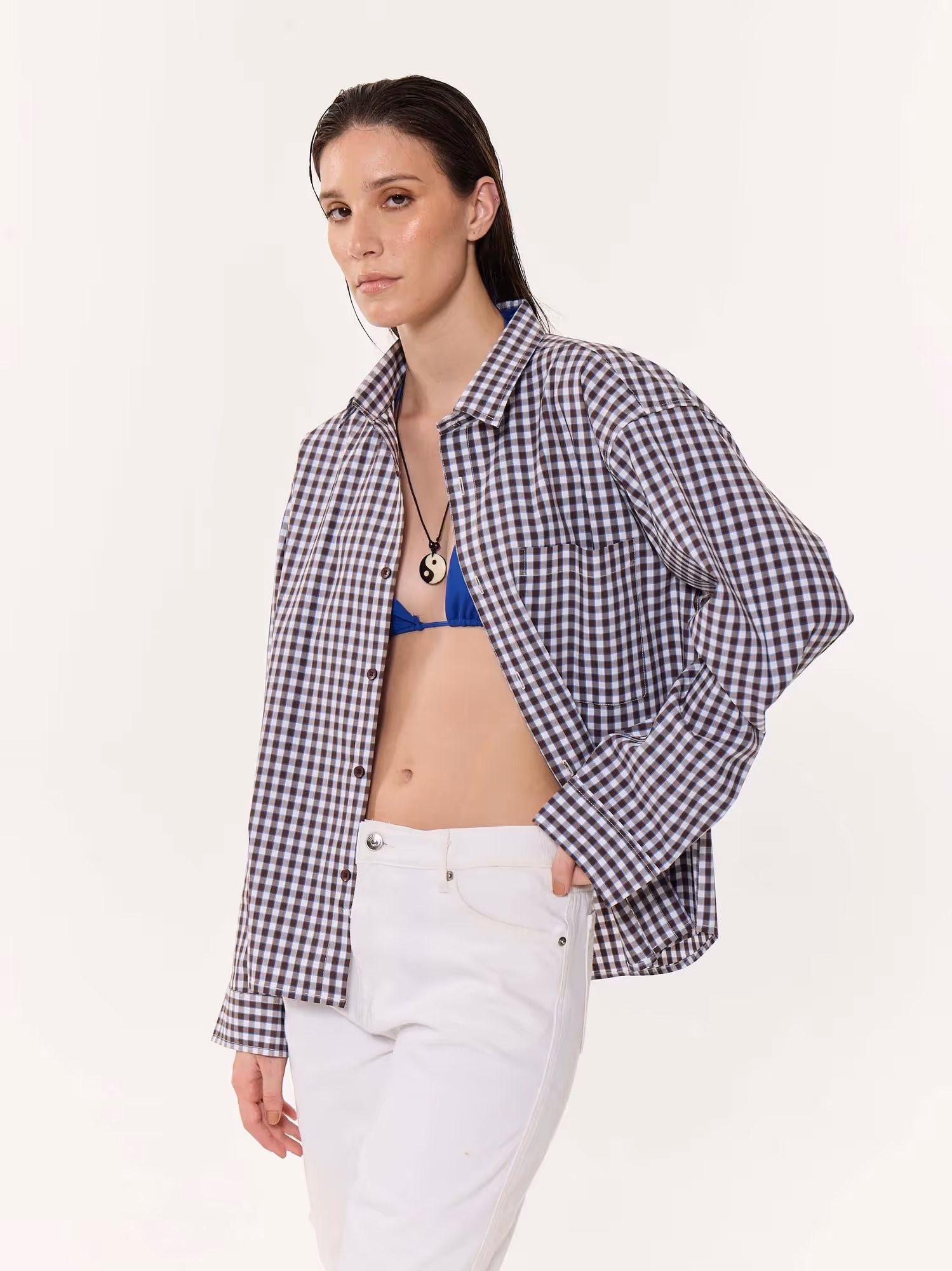 Brown & Blue Checkered Oversized Cropped Shirt  image 6