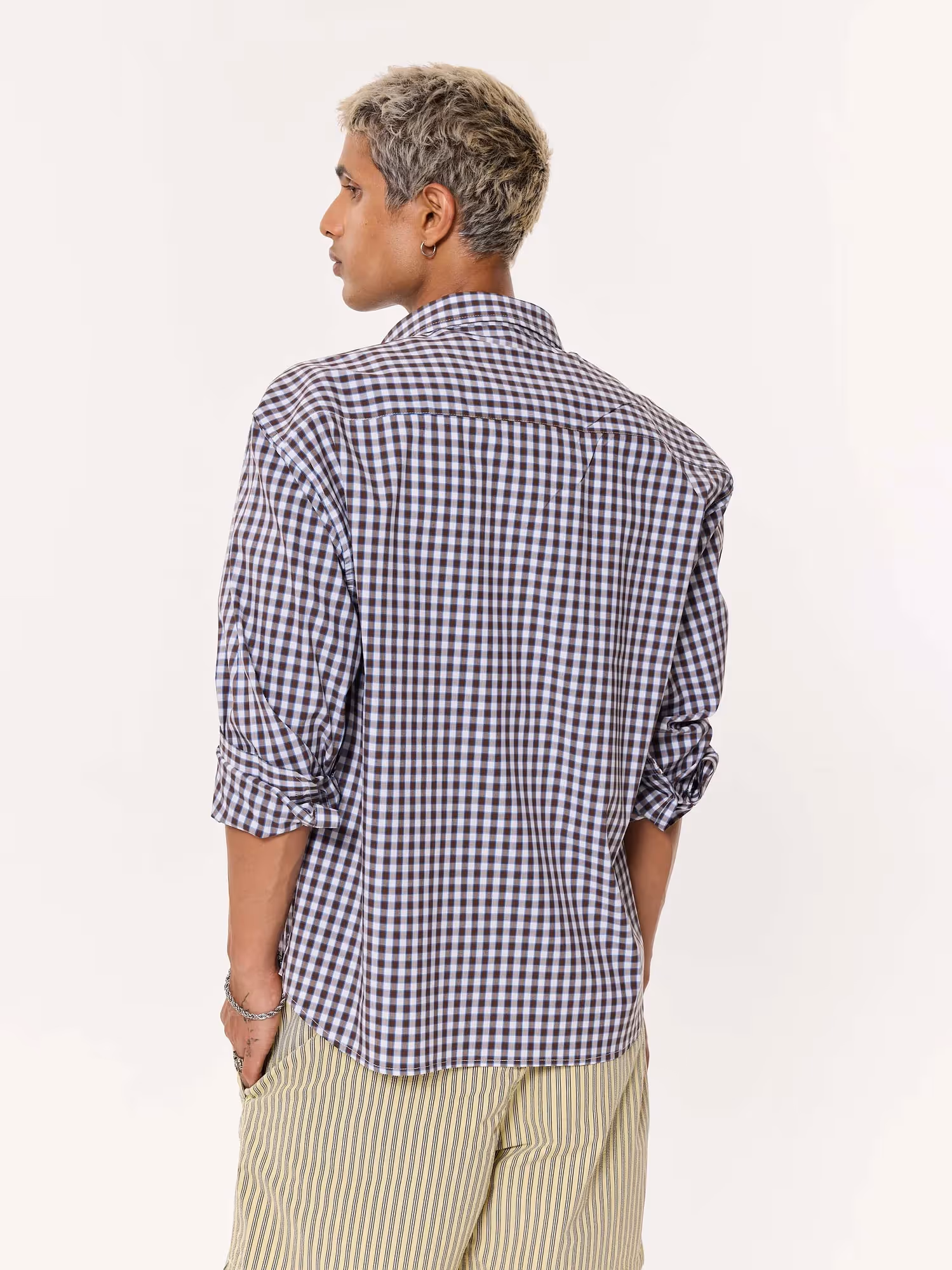 Brown & Blue Checkered Oversized Cropped Shirt  image 7
