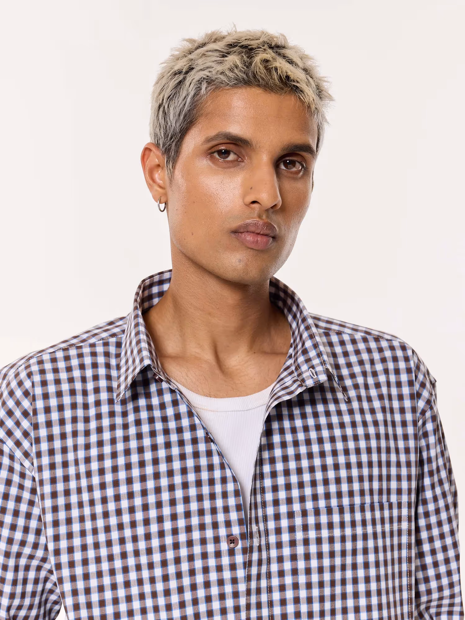 Brown & Blue Checkered Oversized Cropped Shirt  image 8
