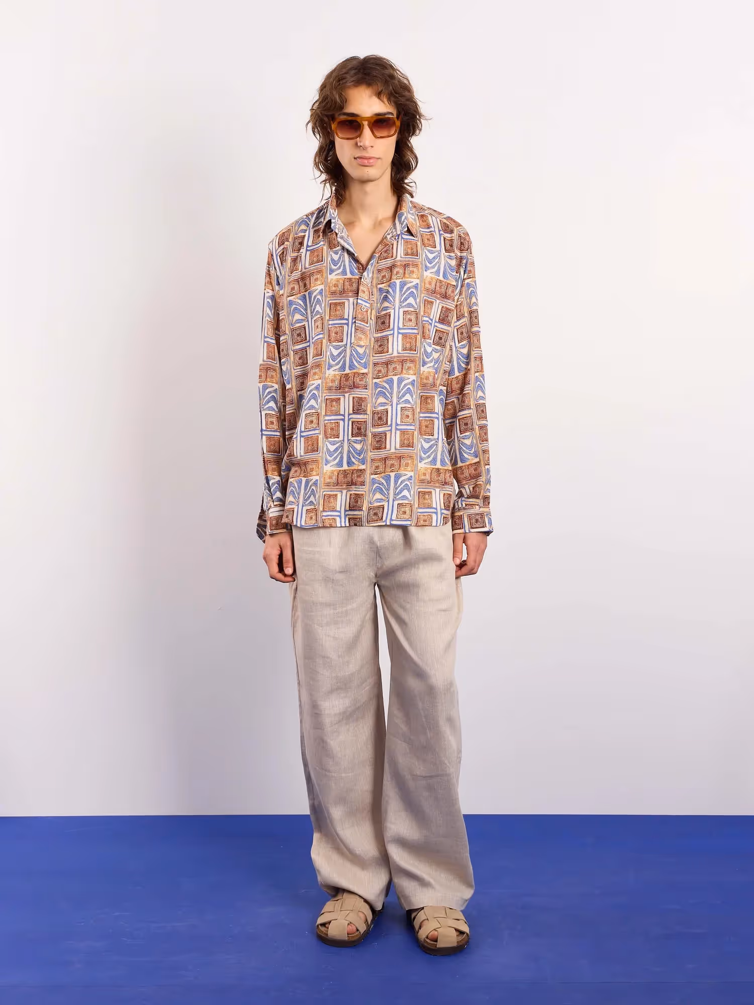 Brown & Blue Geometrical Linen Pullover image 1
