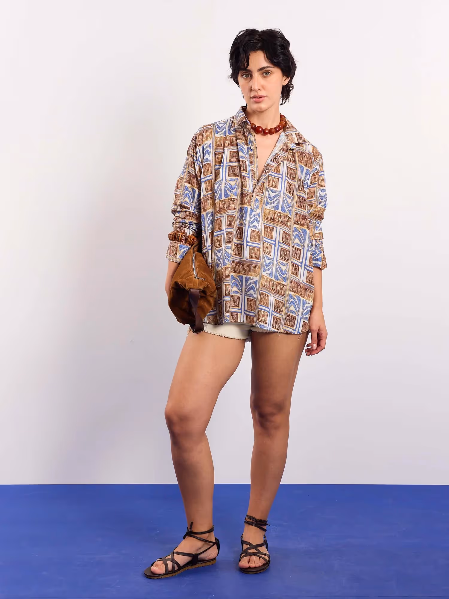 Brown & Blue Geometrical Linen Pullover image 2