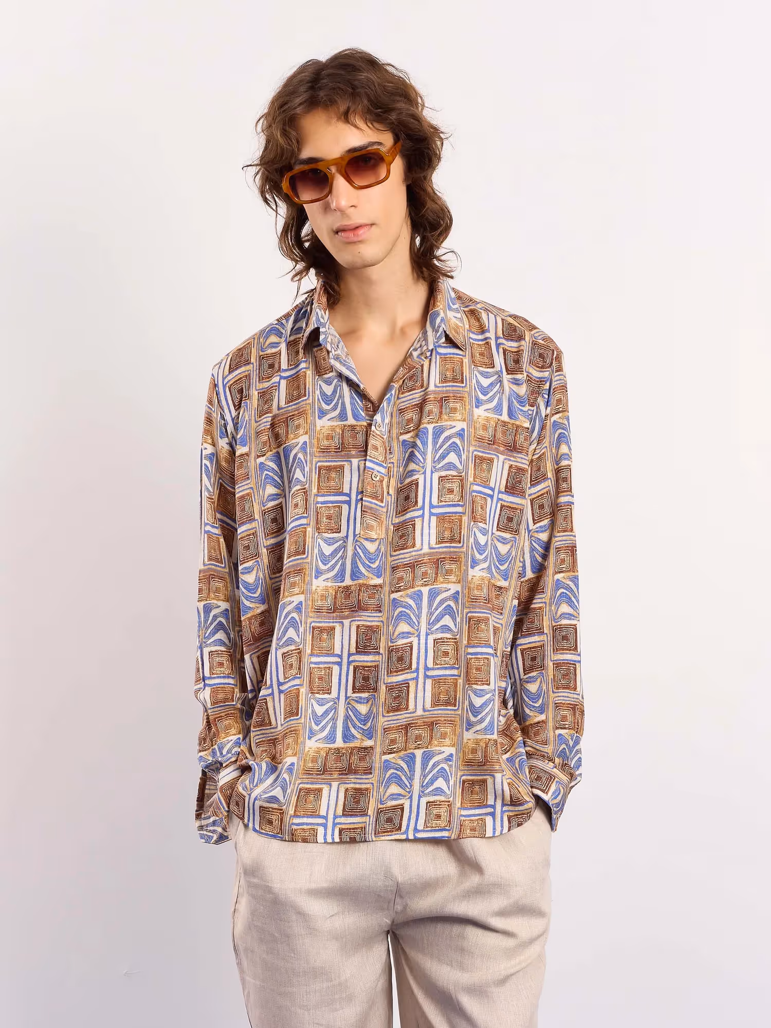 Brown & Blue Geometrical Linen Pullover image 3