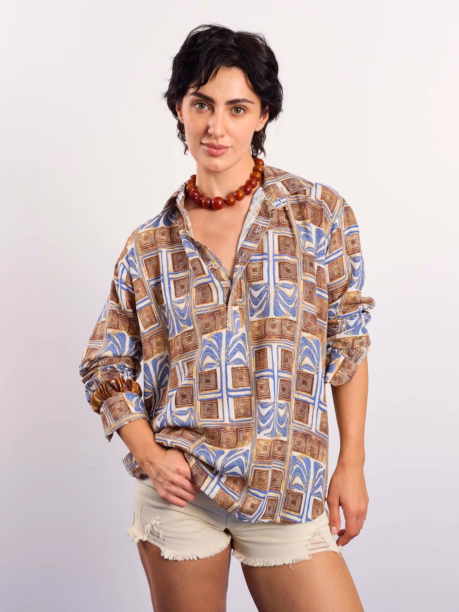Brown & Blue Geometrical Linen Pullover image 4